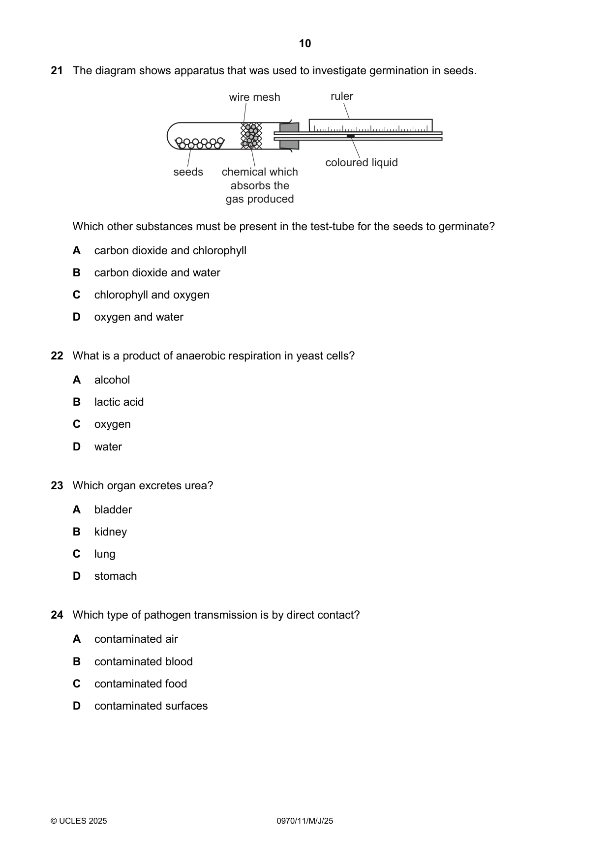 Cambridge IGCSE Biology (9-1) 0970 2025 May/June Paper 1 · Variant 1 question paper, page 10 of 16
