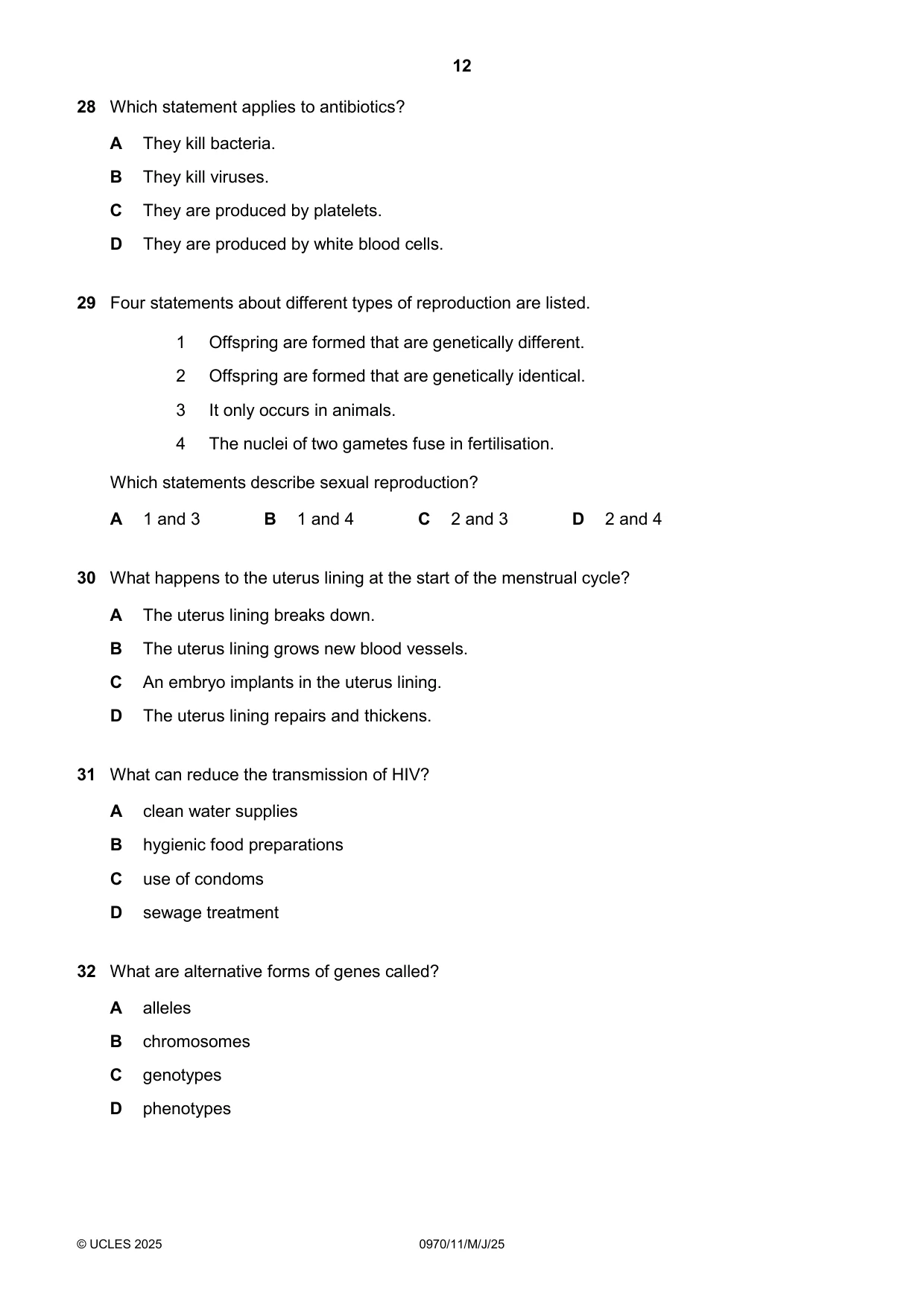 Cambridge IGCSE Biology (9-1) 0970 2025 May/June Paper 1 · Variant 1 question paper, page 12 of 16