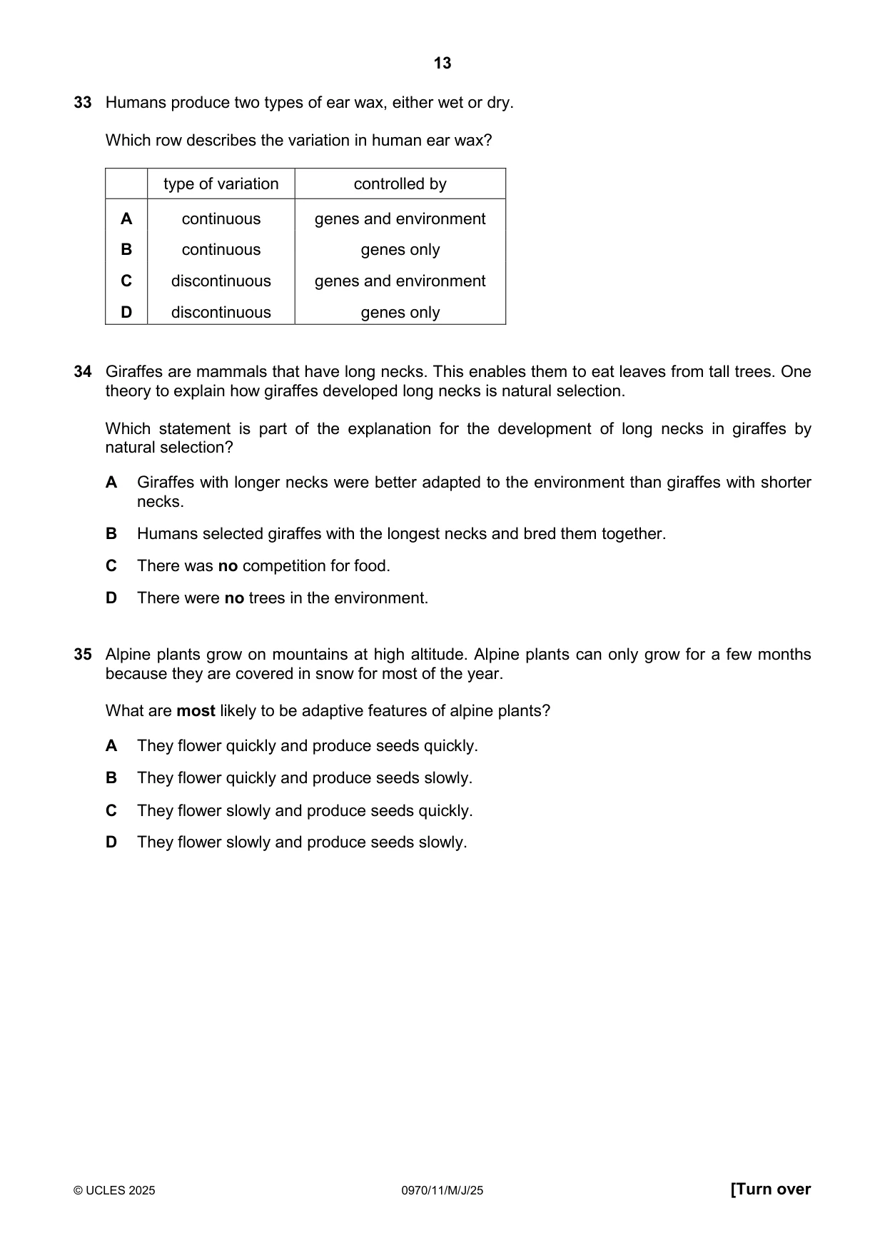 Cambridge IGCSE Biology (9-1) 0970 2025 May/June Paper 1 · Variant 1 question paper, page 13 of 16