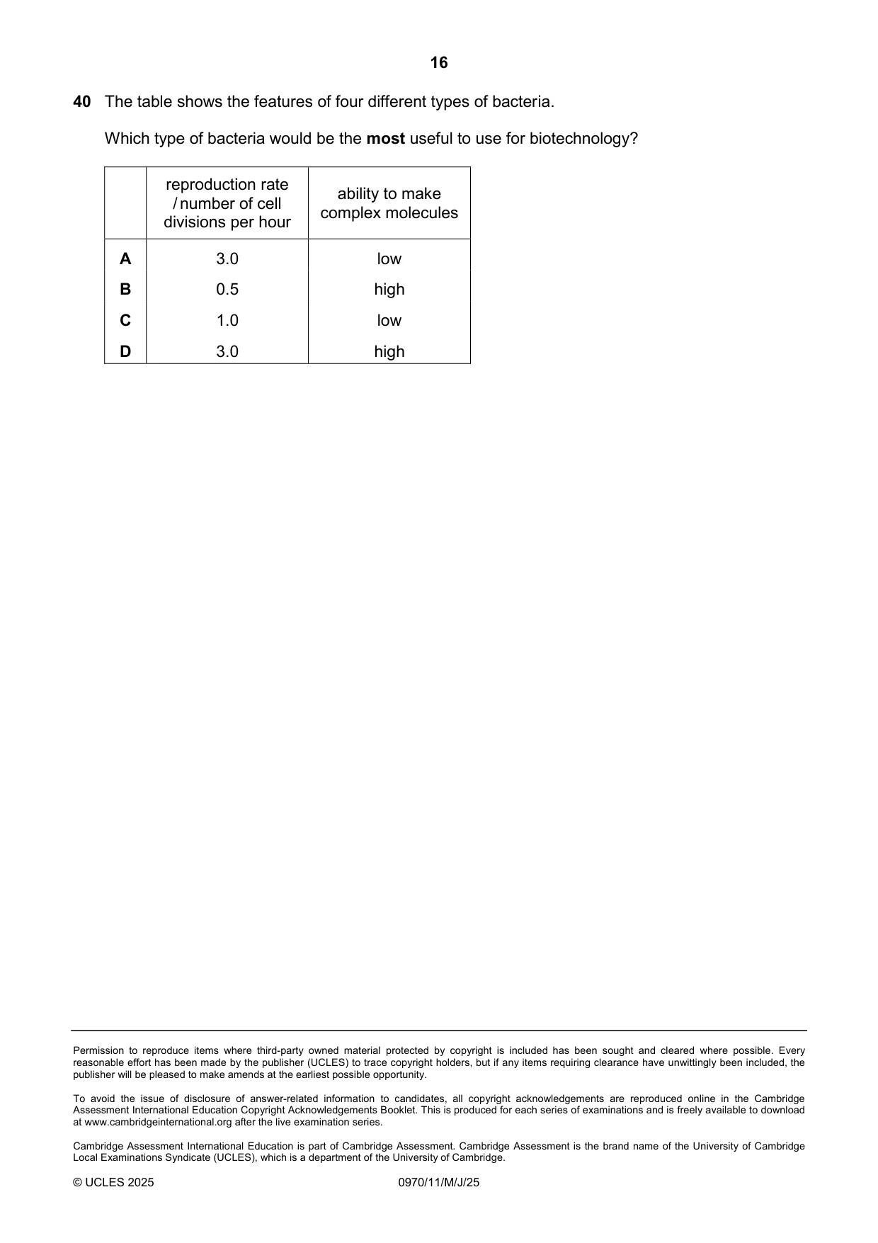 Cambridge IGCSE Biology (9-1) 0970 2025 May/June Paper 1 · Variant 1 question paper, page 16 of 16