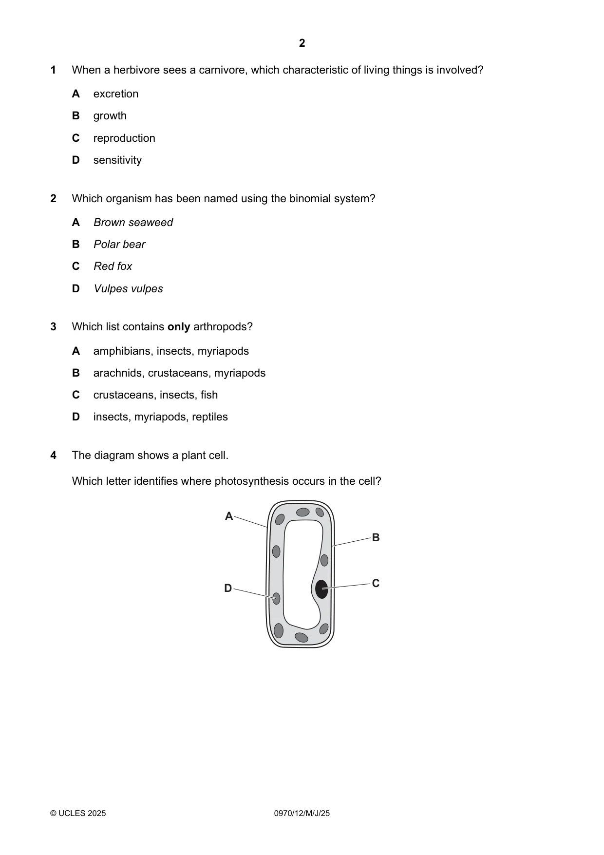 Cambridge IGCSE Biology (9-1) 0970 2025 May/June Paper 1 · Variant 2 question paper, page 2 of 16