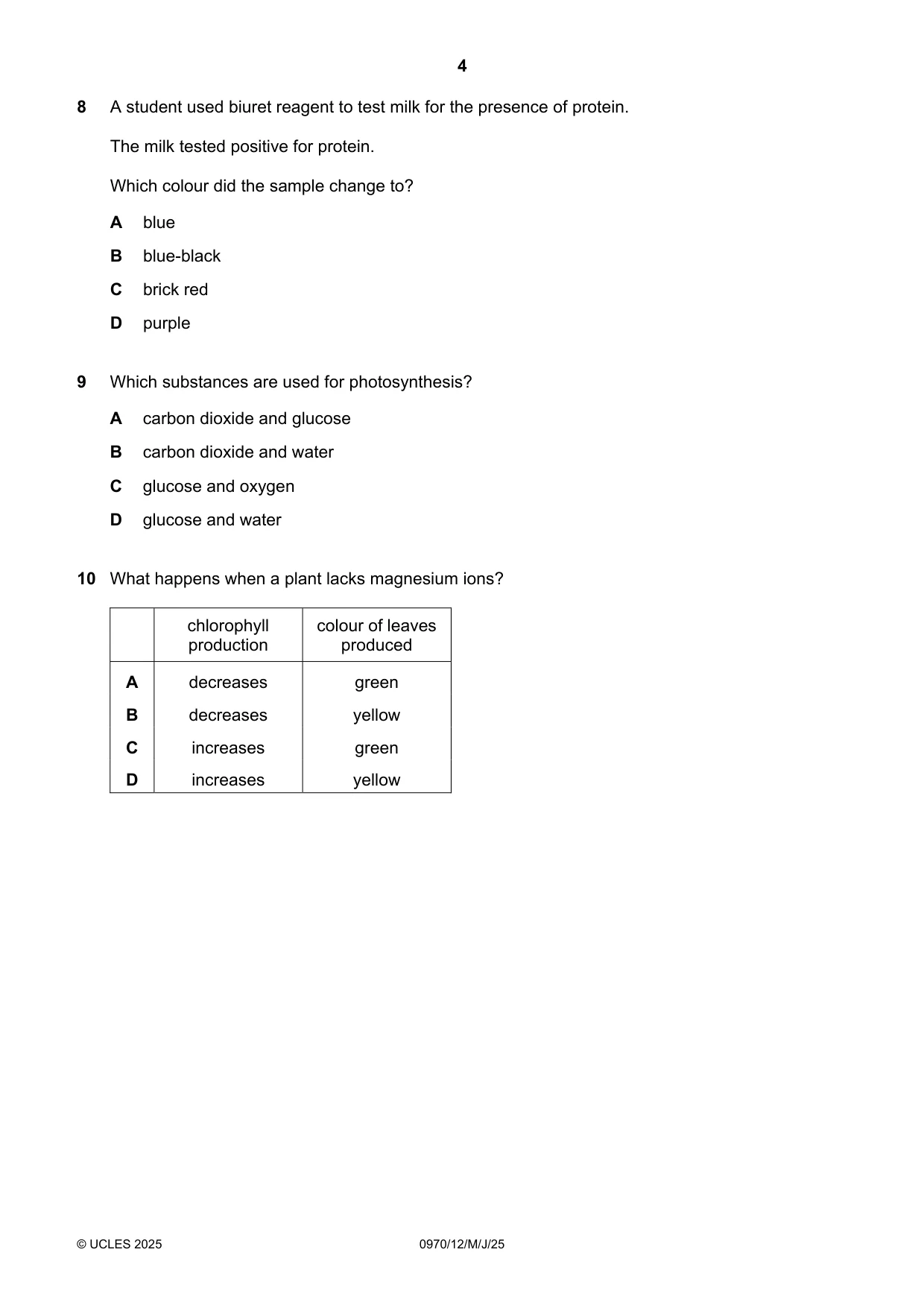 Cambridge IGCSE Biology (9-1) 0970 2025 May/June Paper 1 · Variant 2 question paper, page 4 of 16