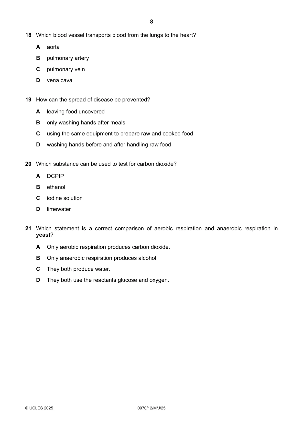 Cambridge IGCSE Biology (9-1) 0970 2025 May/June Paper 1 · Variant 2 question paper, page 8 of 16