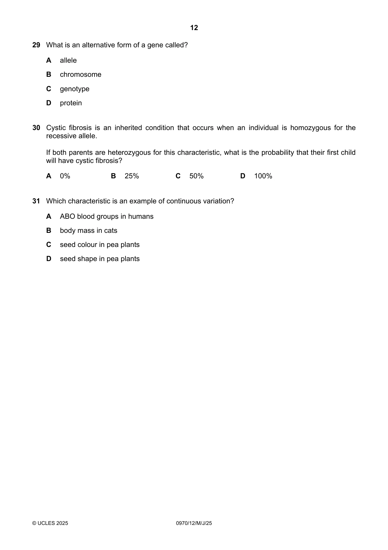 Cambridge IGCSE Biology (9-1) 0970 2025 May/June Paper 1 · Variant 2 question paper, page 12 of 16