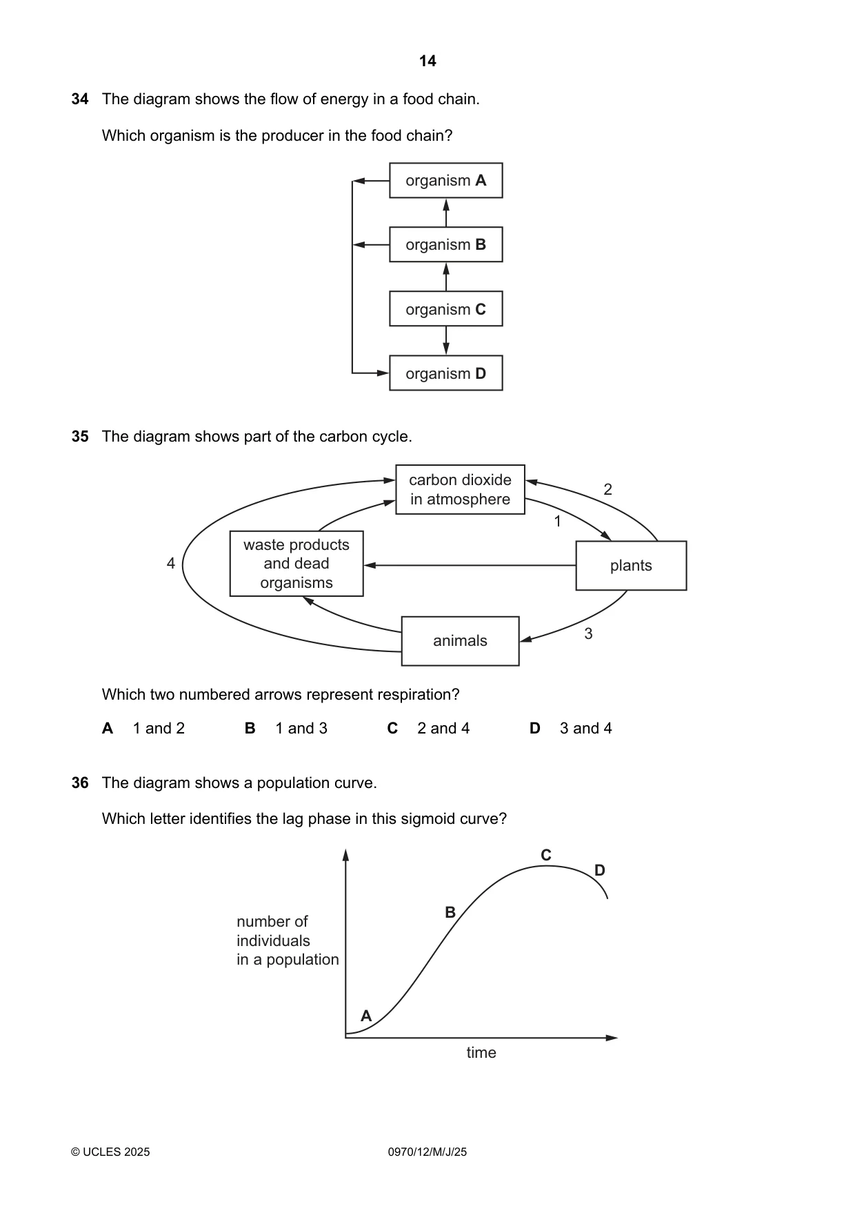 Cambridge IGCSE Biology (9-1) 0970 2025 May/June Paper 1 · Variant 2 question paper, page 14 of 16