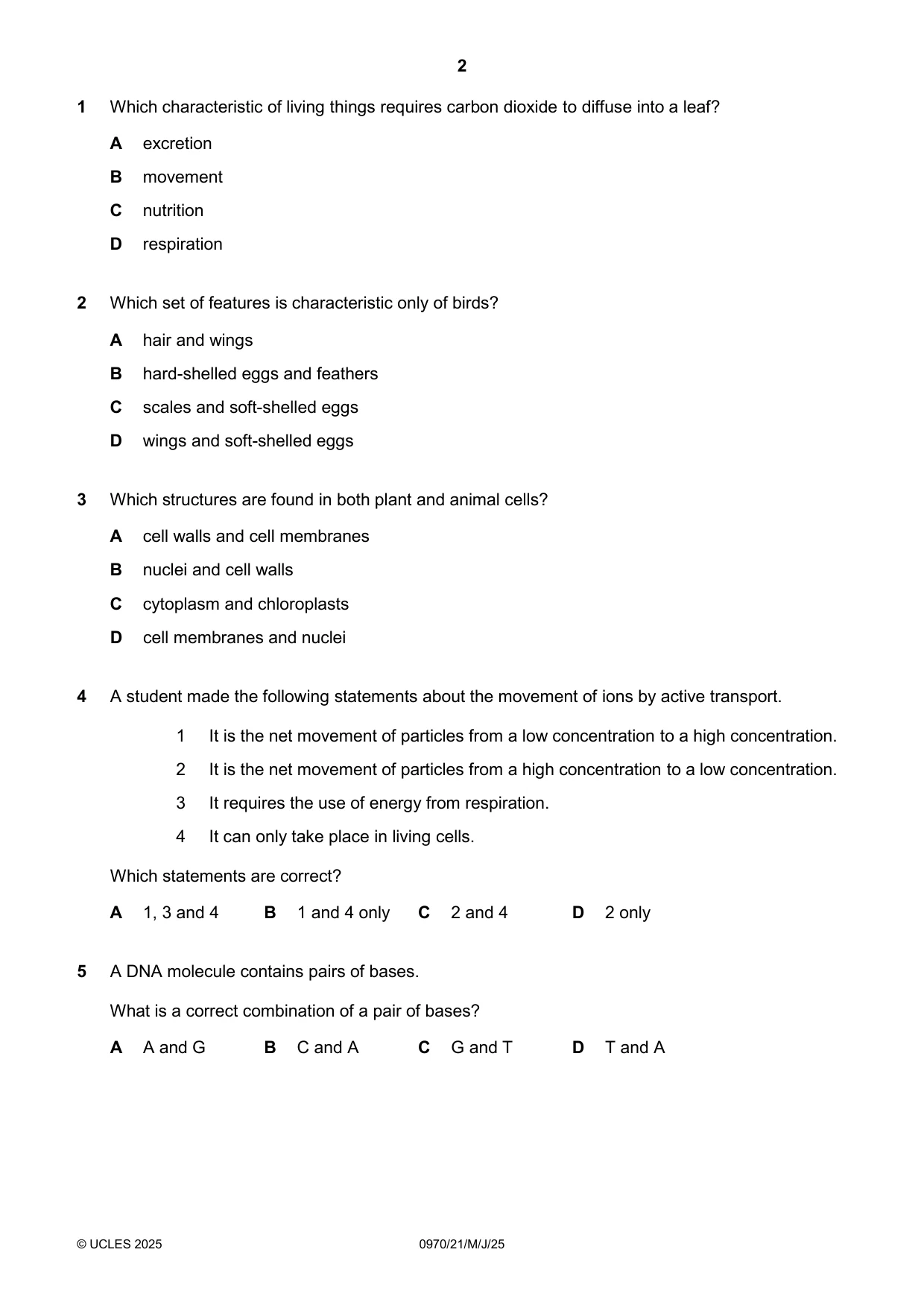 Cambridge IGCSE Biology (9-1) 0970 2025 May/June Paper 2 · Variant 1 question paper, page 2 of 16