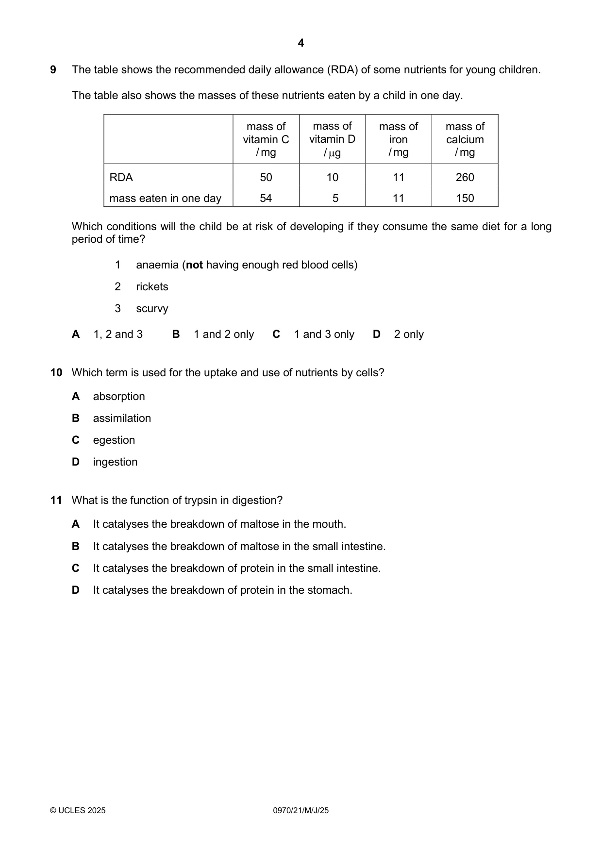 Cambridge IGCSE Biology (9-1) 0970 2025 May/June Paper 2 · Variant 1 question paper, page 4 of 16