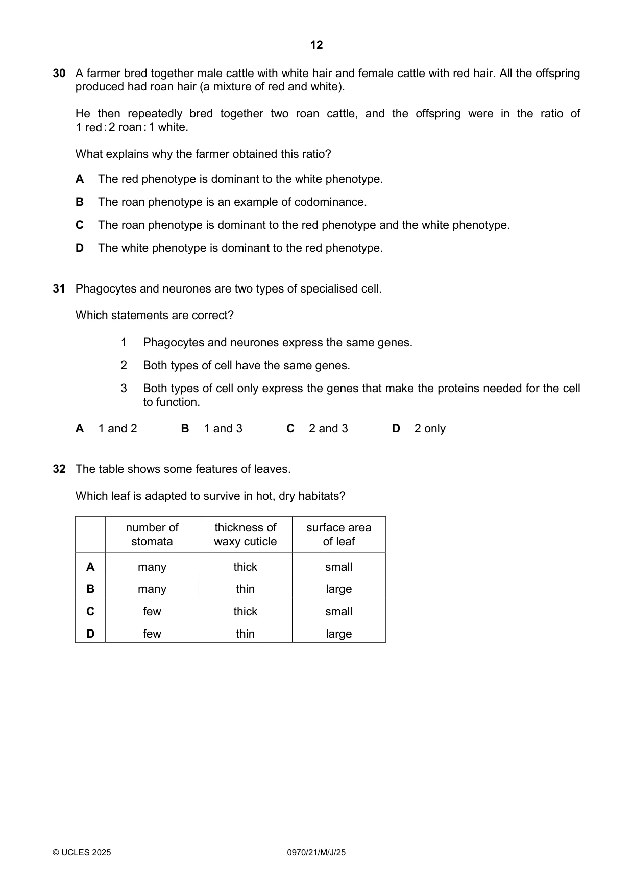 Cambridge IGCSE Biology (9-1) 0970 2025 May/June Paper 2 · Variant 1 question paper, page 12 of 16