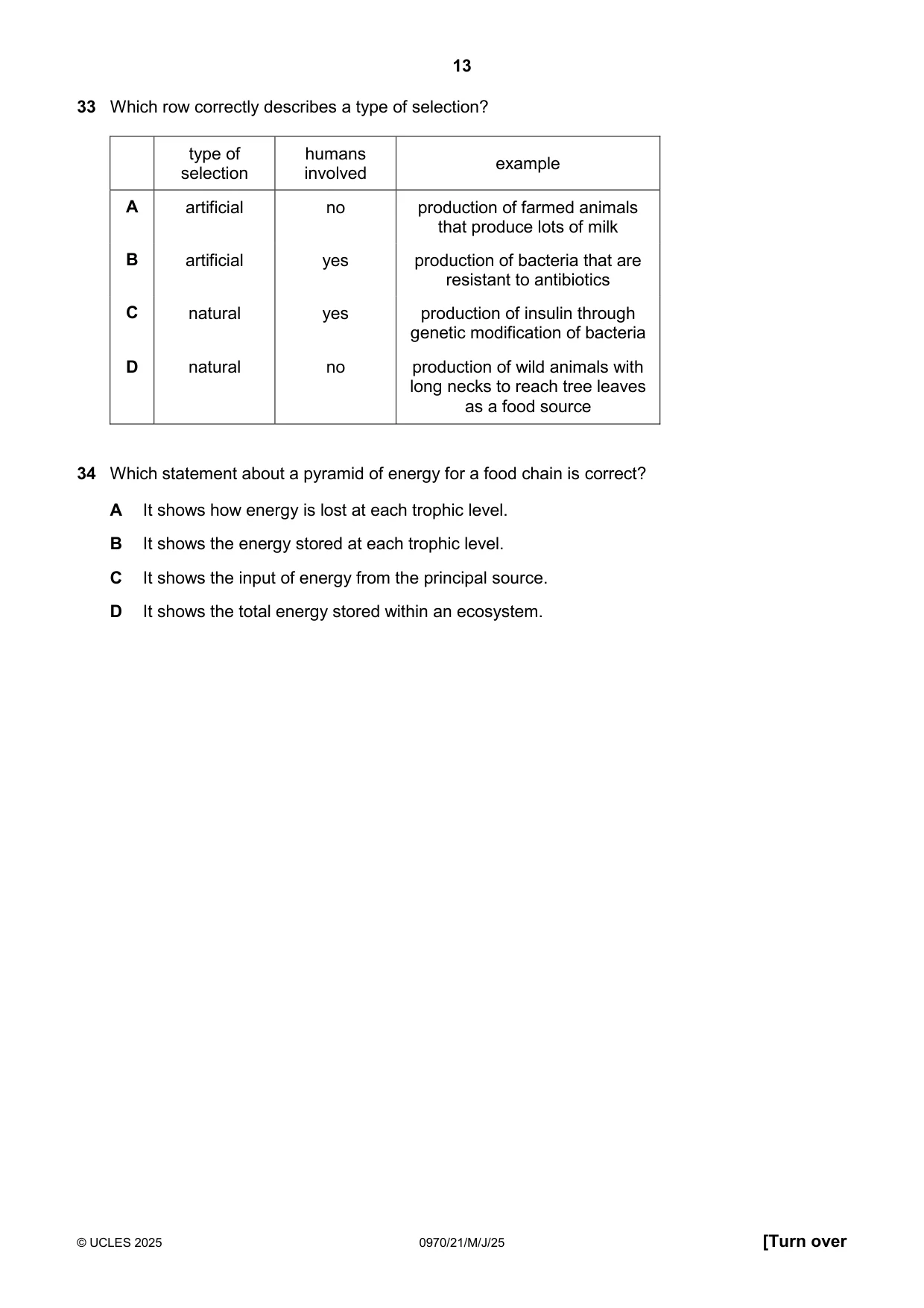 Cambridge IGCSE Biology (9-1) 0970 2025 May/June Paper 2 · Variant 1 question paper, page 13 of 16