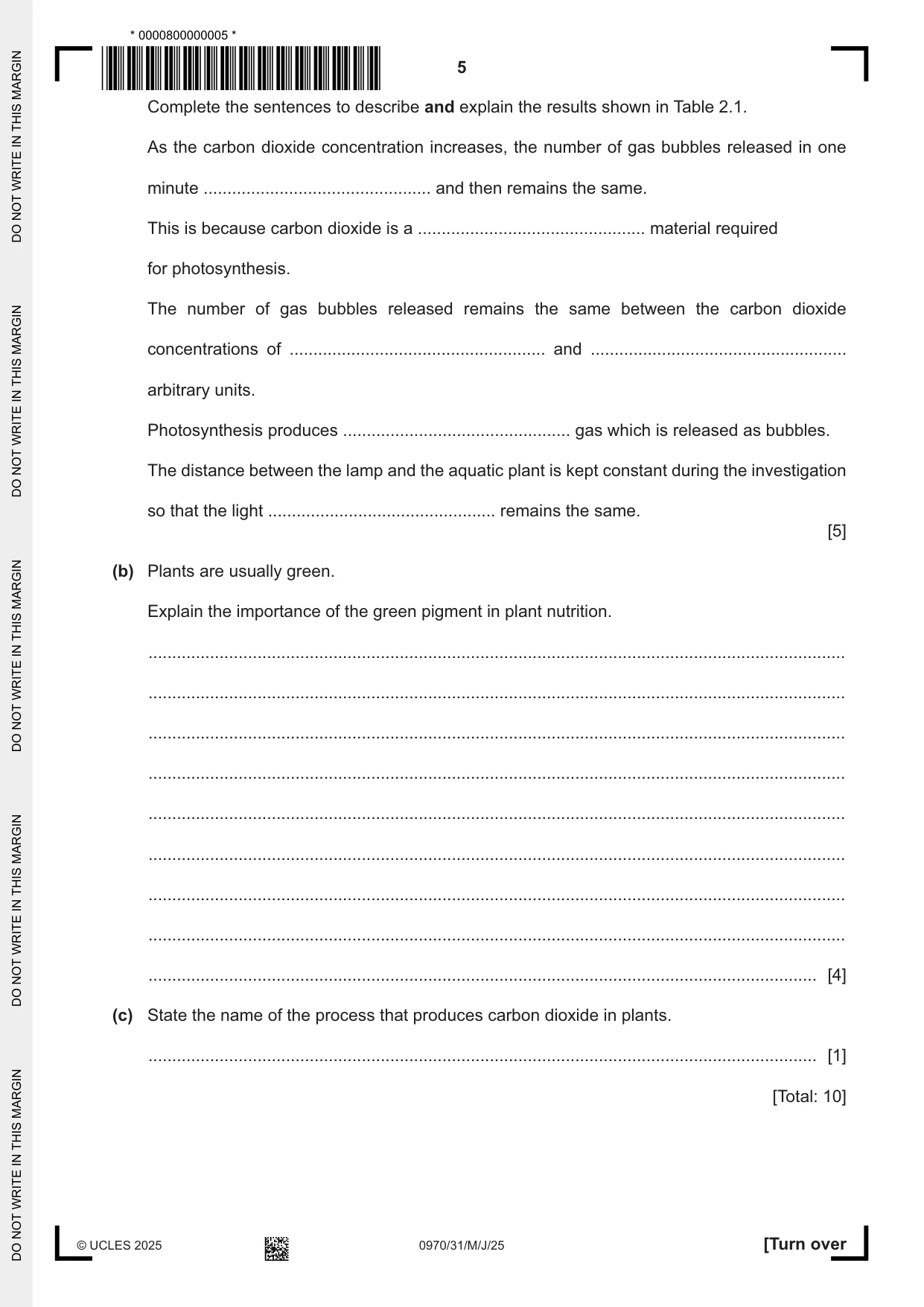 Cambridge IGCSE Biology (9-1) 0970 2025 May/June Paper 3 · Variant 1 question paper, page 5 of 20
