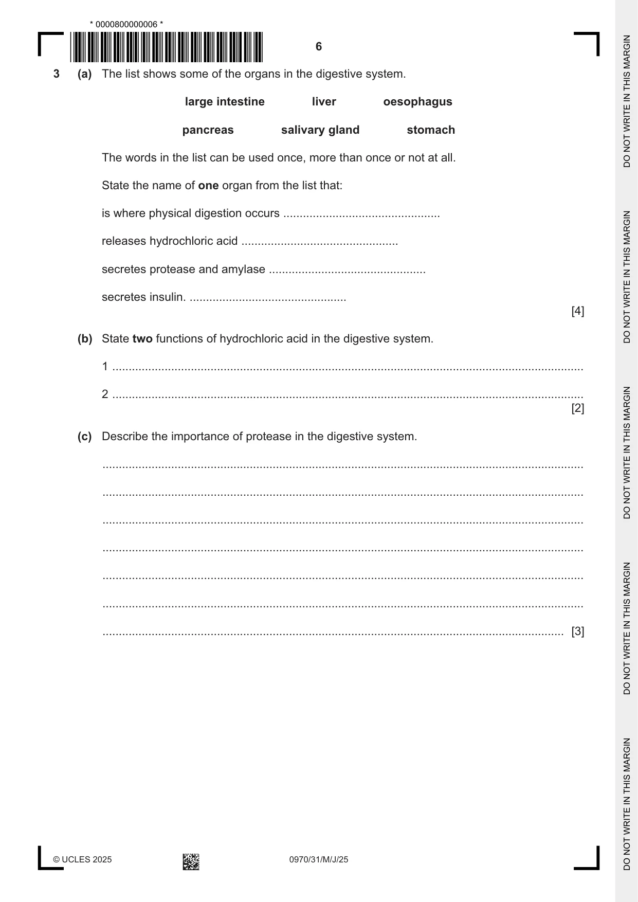 Cambridge IGCSE Biology (9-1) 0970 2025 May/June Paper 3 · Variant 1 question paper, page 6 of 20