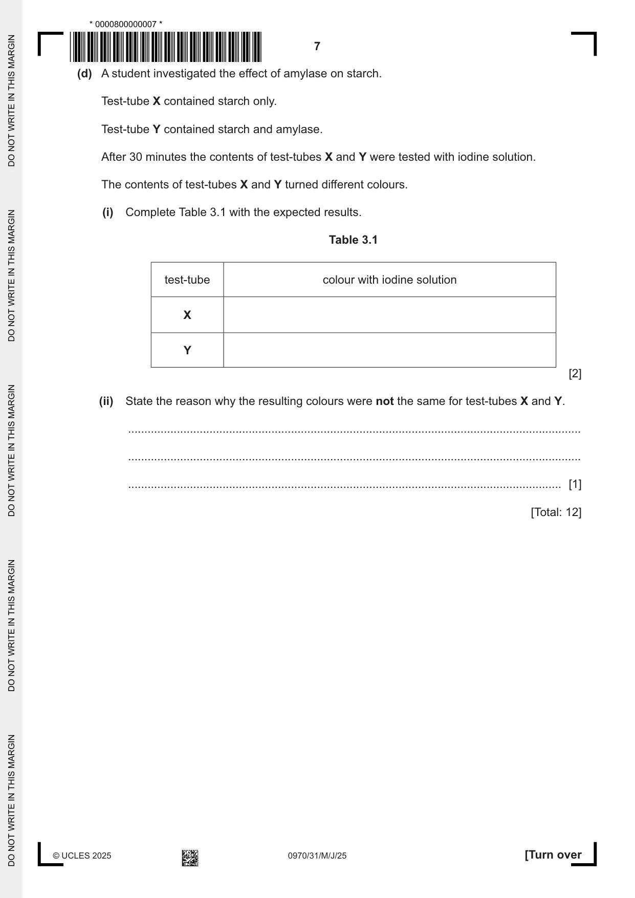 Cambridge IGCSE Biology (9-1) 0970 2025 May/June Paper 3 · Variant 1 question paper, page 7 of 20