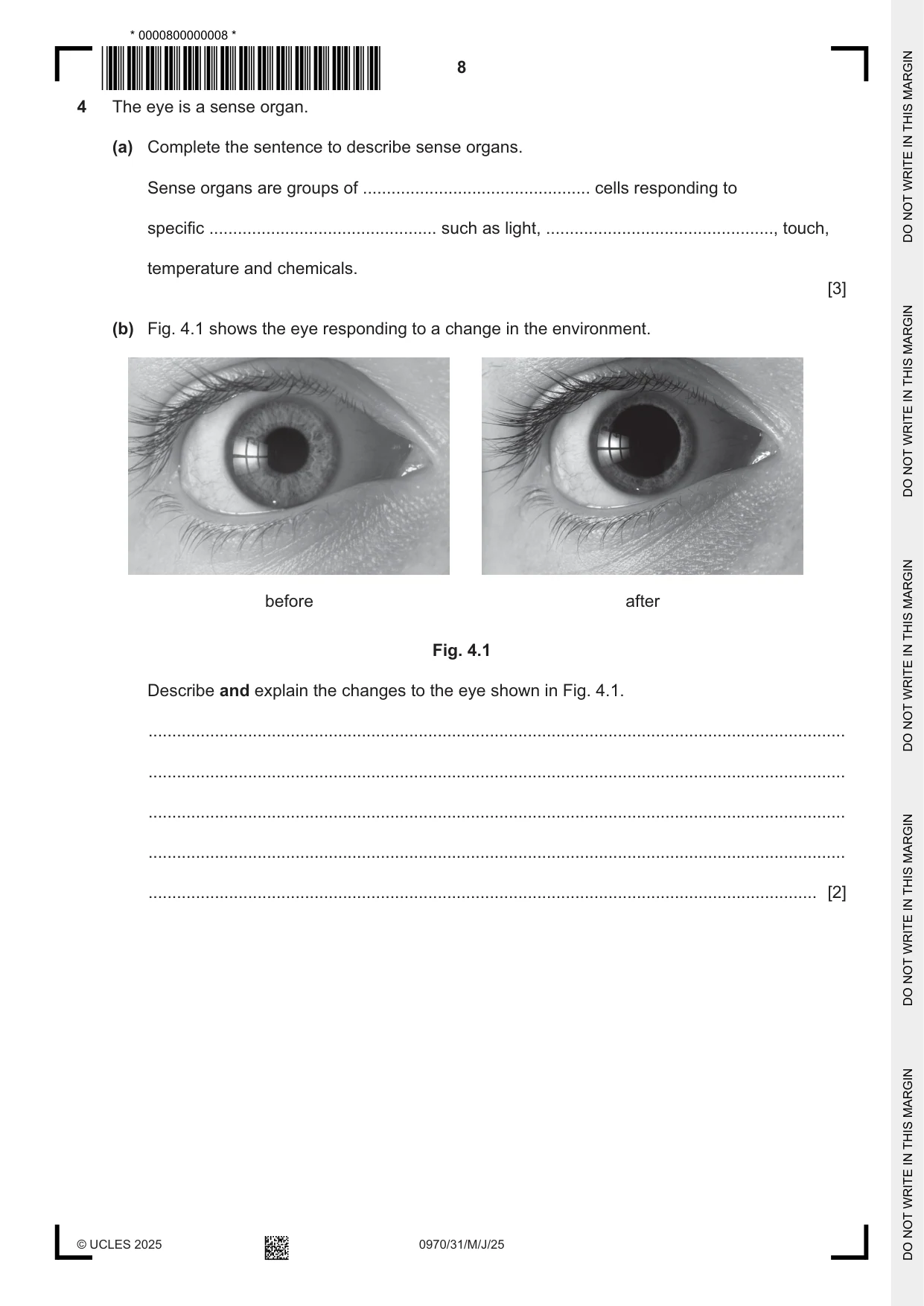 Cambridge IGCSE Biology (9-1) 0970 2025 May/June Paper 3 · Variant 1 question paper, page 8 of 20