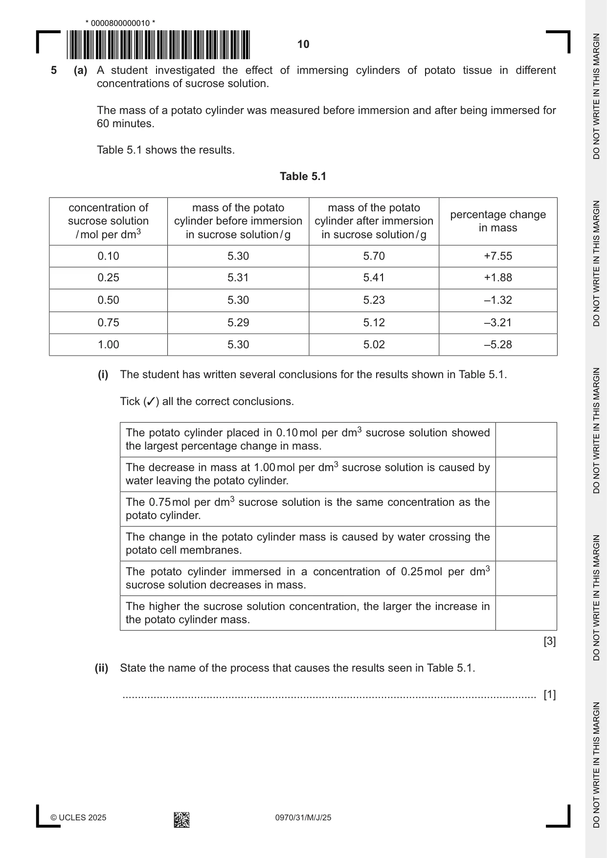 Cambridge IGCSE Biology (9-1) 0970 2025 May/June Paper 3 · Variant 1 question paper, page 10 of 20
