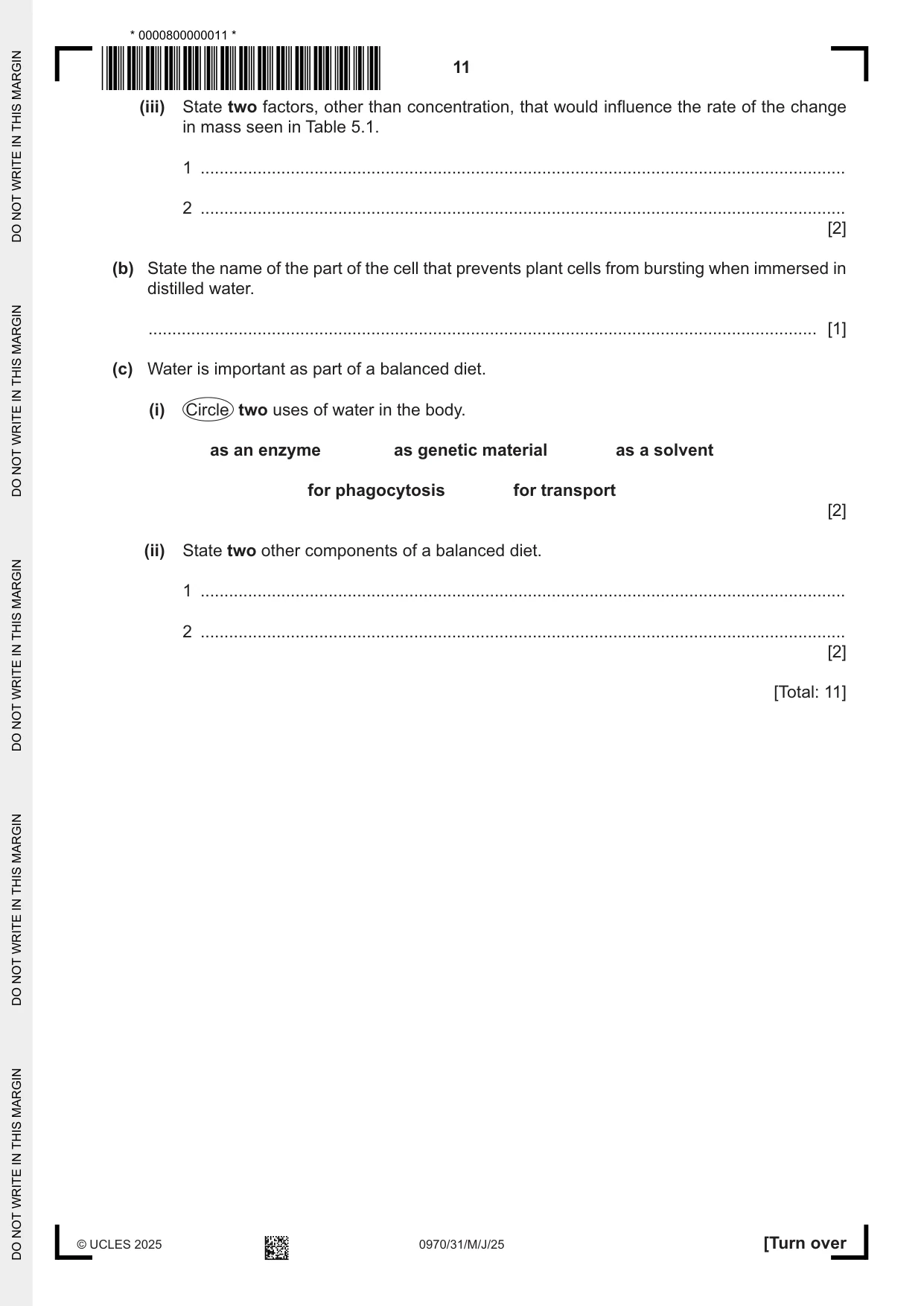 Cambridge IGCSE Biology (9-1) 0970 2025 May/June Paper 3 · Variant 1 question paper, page 11 of 20