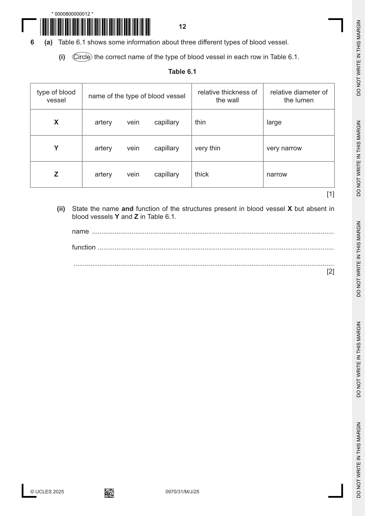 Cambridge IGCSE Biology (9-1) 0970 2025 May/June Paper 3 · Variant 1 question paper, page 12 of 20