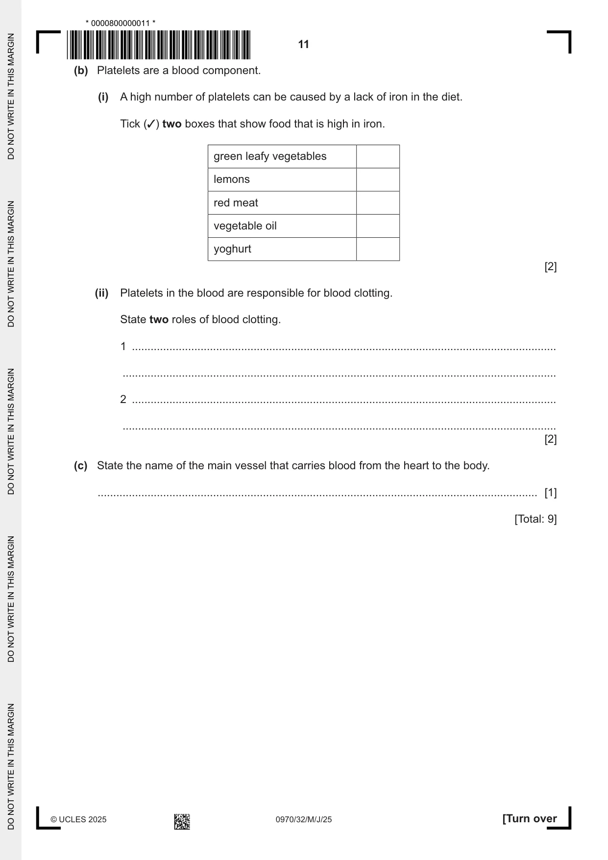 Cambridge IGCSE Biology (9-1) 0970 2025 May/June Paper 3 · Variant 2 question paper, page 11 of 20