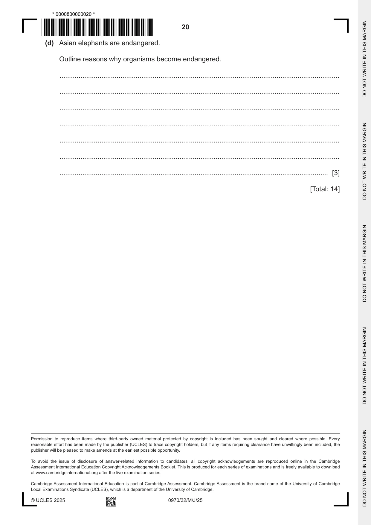 Cambridge IGCSE Biology (9-1) 0970 2025 May/June Paper 3 · Variant 2 question paper, page 20 of 20