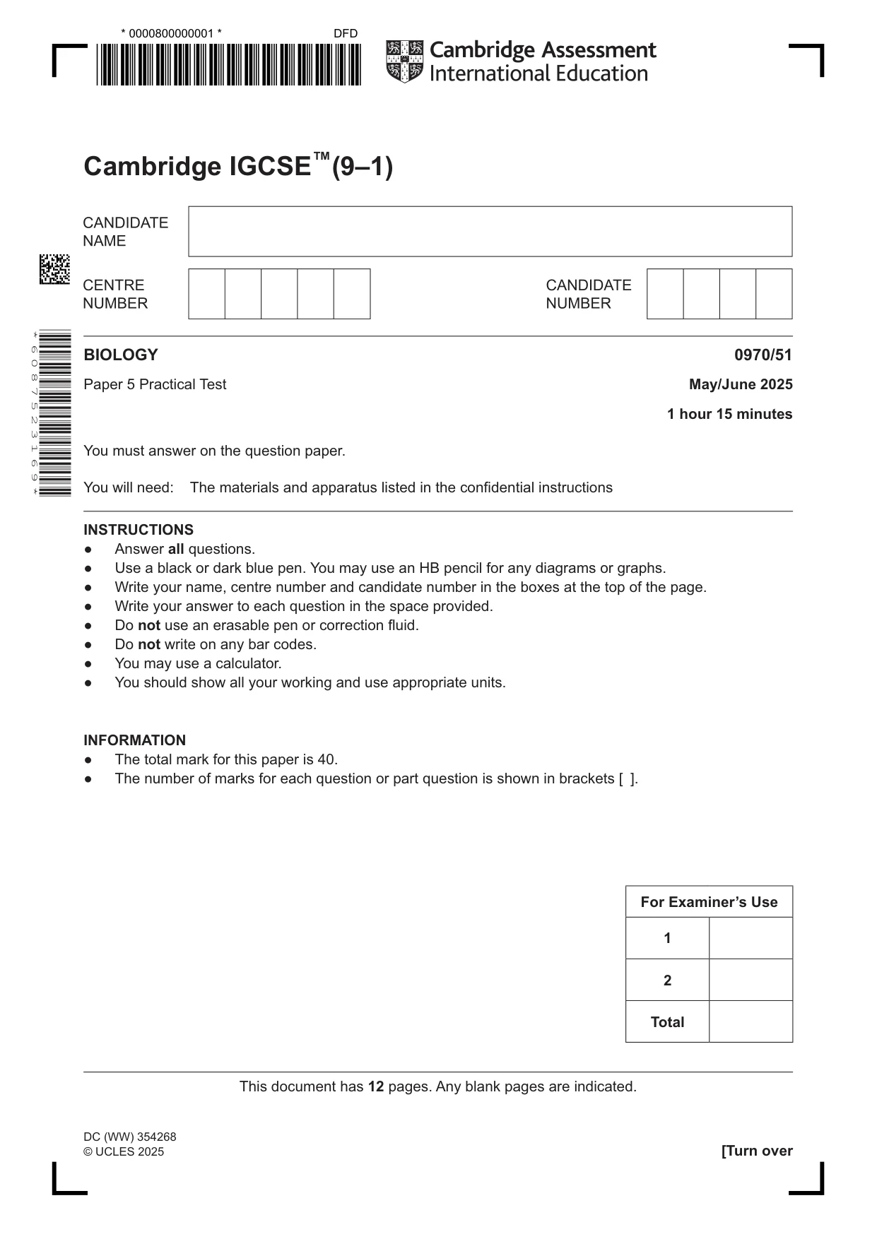 Cambridge IGCSE Biology (9-1) 0970 2025 May/June Paper 5 · Variant 1 question paper, page 1 of 12