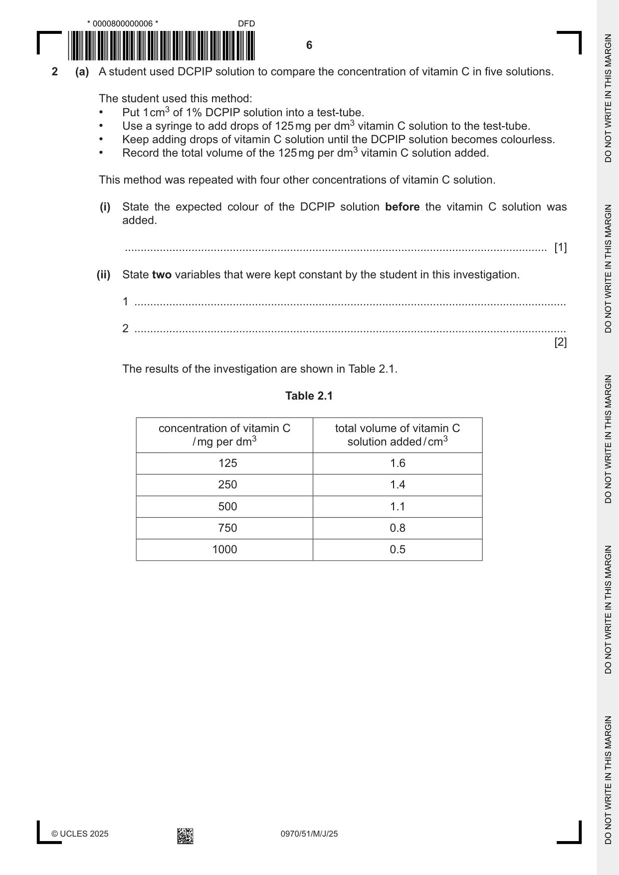 Cambridge IGCSE Biology (9-1) 0970 2025 May/June Paper 5 · Variant 1 question paper, page 6 of 12