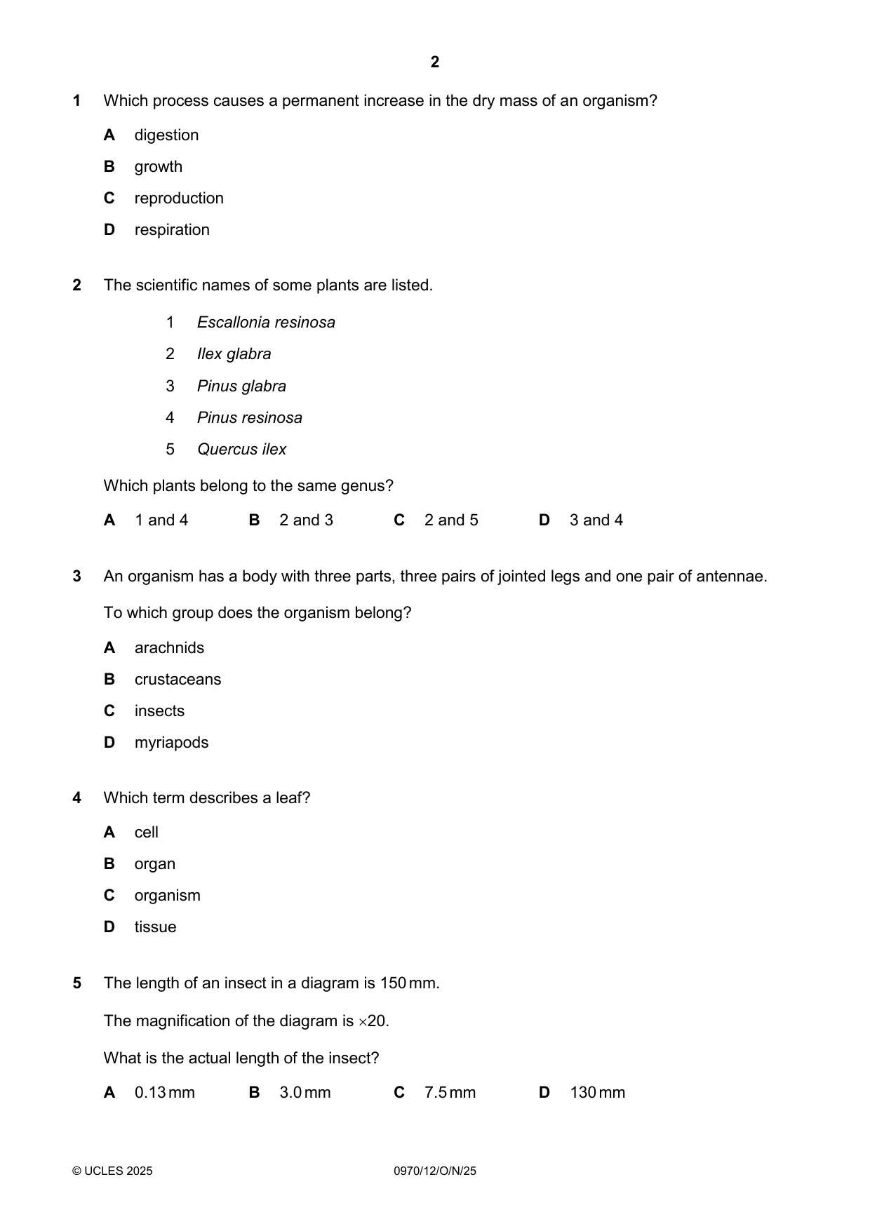 Cambridge IGCSE Biology (9-1) 0970 2025 Oct/Nov Paper 1 · Variant 2 question paper, page 2 of 16