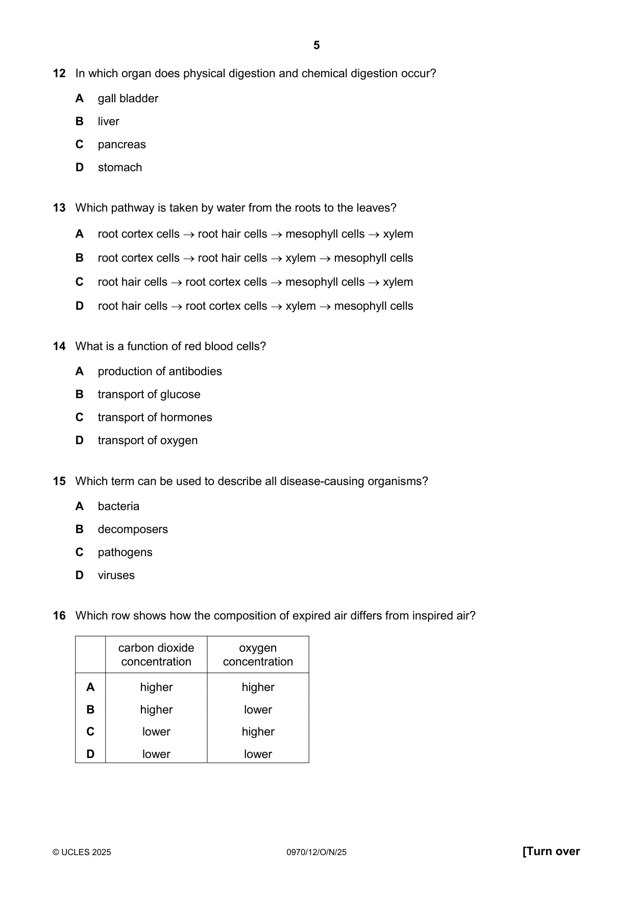Cambridge IGCSE Biology (9-1) 0970 2025 Oct/Nov Paper 1 · Variant 2 question paper, page 5 of 16