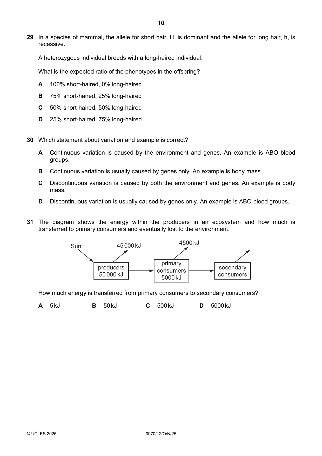Cambridge IGCSE Biology (9-1) 0970 2025 Oct/Nov Paper 1 · Variant 2 question paper, page 10 of 16