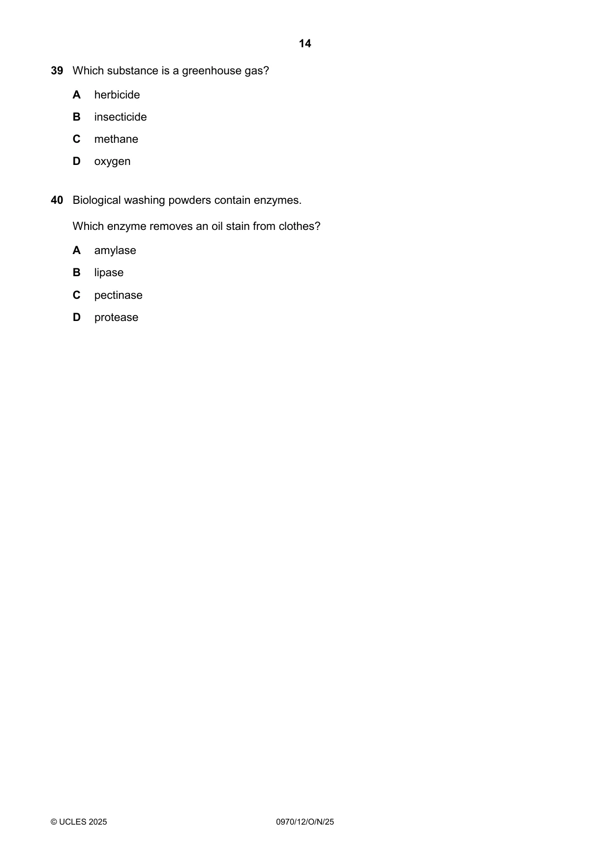Cambridge IGCSE Biology (9-1) 0970 2025 Oct/Nov Paper 1 · Variant 2 question paper, page 14 of 16
