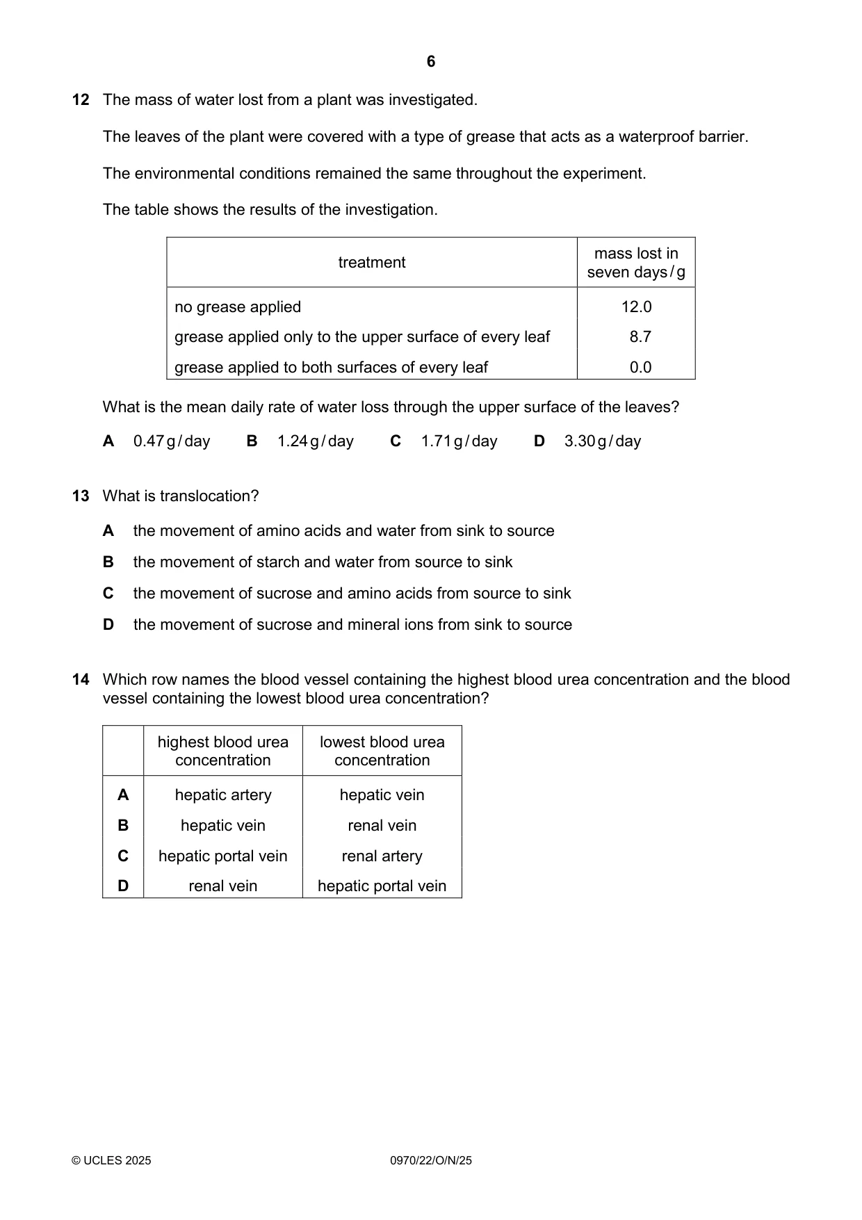 Cambridge IGCSE Biology (9-1) 0970 2025 Oct/Nov Paper 2 · Variant 2 question paper, page 6 of 16