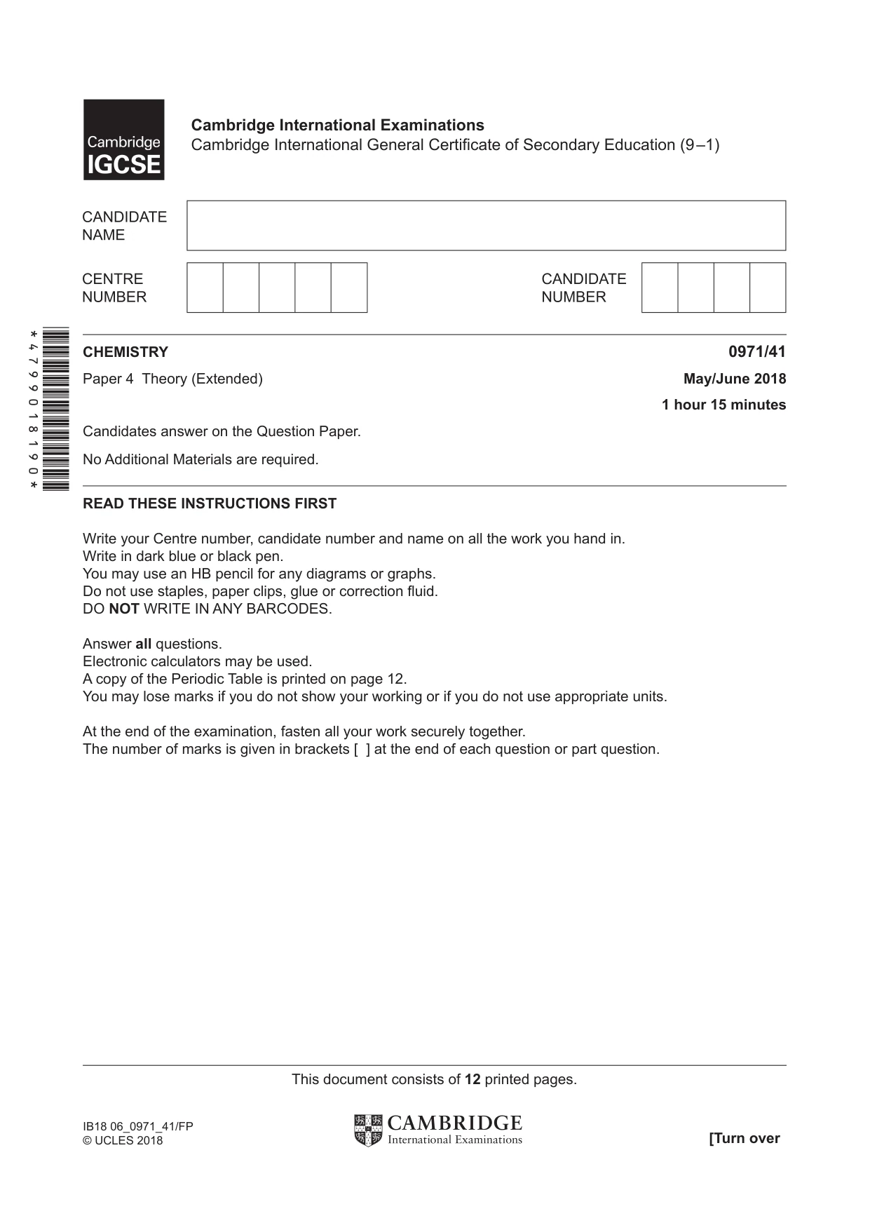 Cambridge IGCSE Chemistry (9-1) 0971 2018 May/June Paper 4 · Variant 1 question paper, page 1 of 12