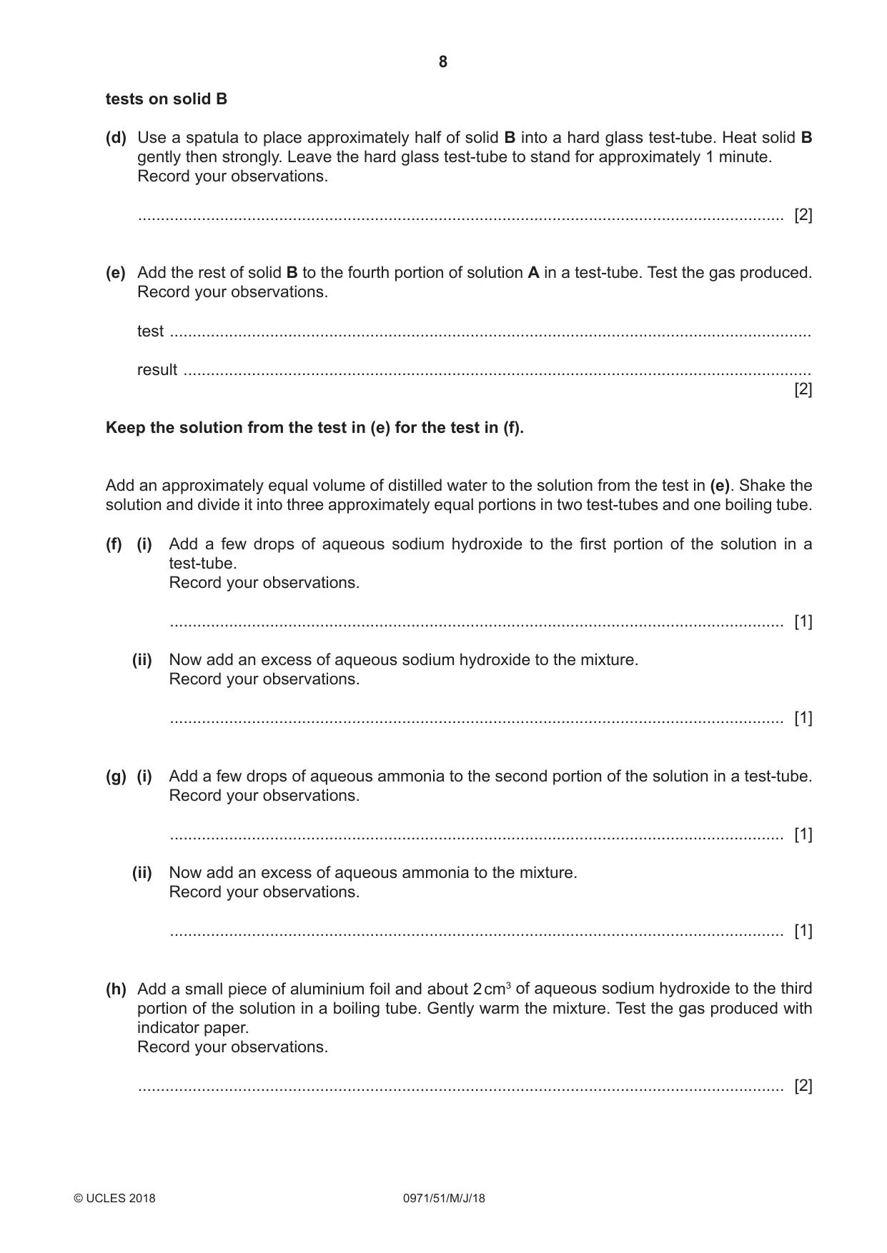 Cambridge IGCSE Chemistry (9-1) 0971 2018 May/June Paper 5 · Variant 1 question paper, page 8 of 12