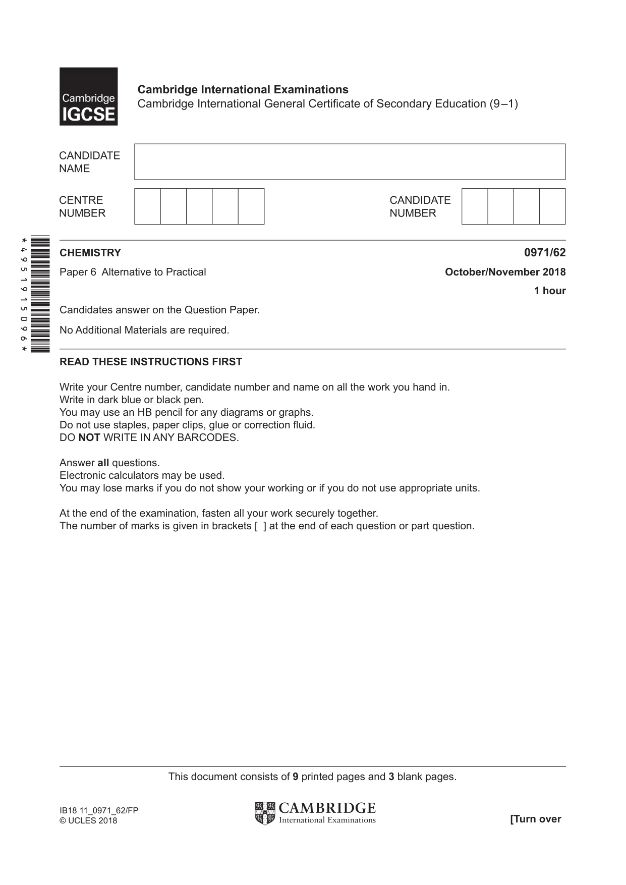 Cambridge IGCSE Chemistry (9-1) 0971 2018 Oct/Nov Paper 6 · Variant 2 question paper, page 1 of 12