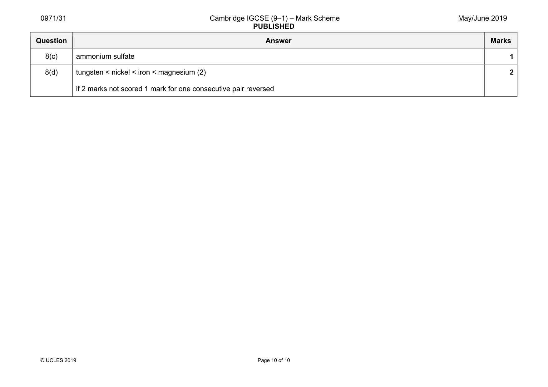 Mark scheme, page 10 of 10