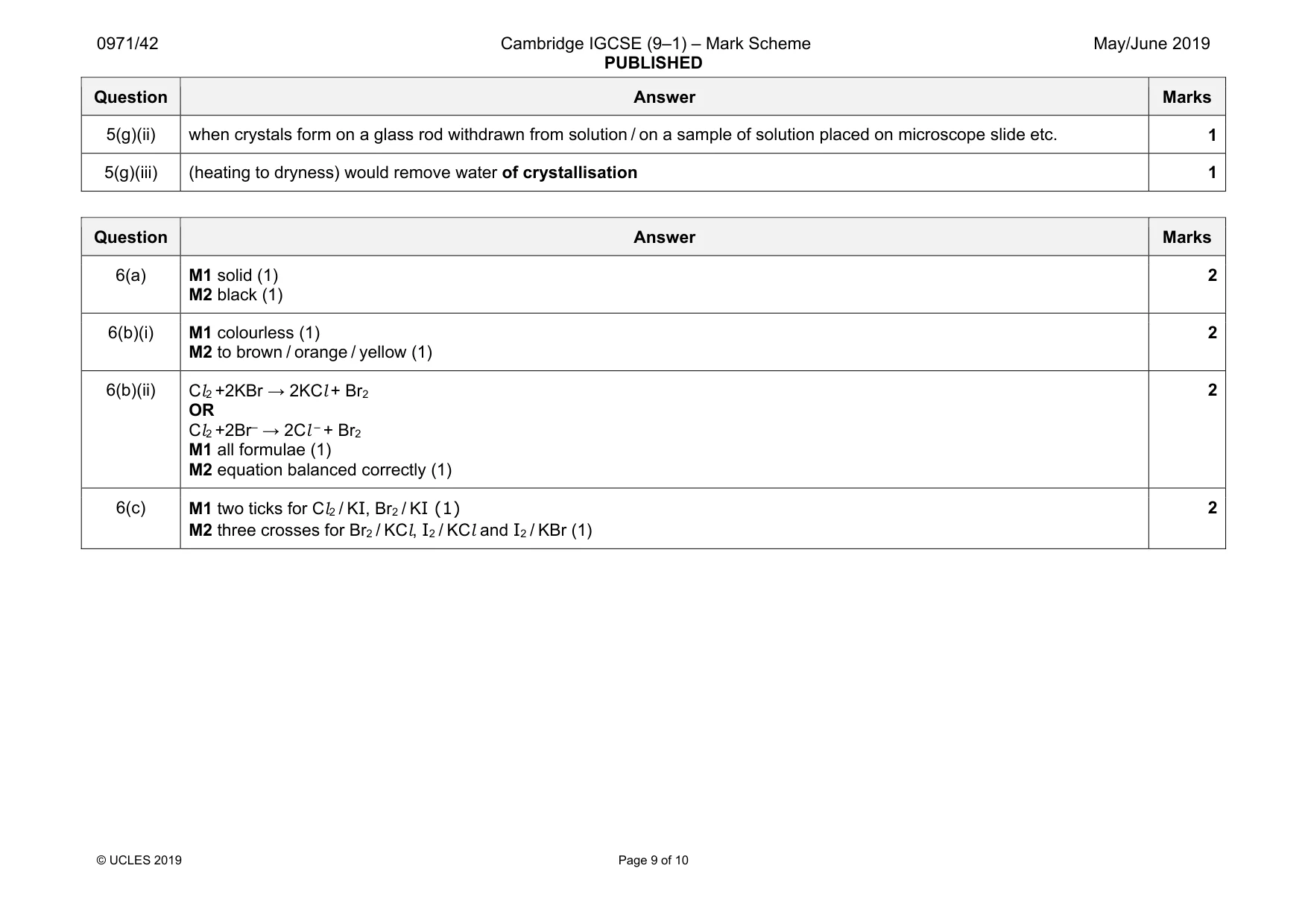 Mark scheme, page 9 of 10