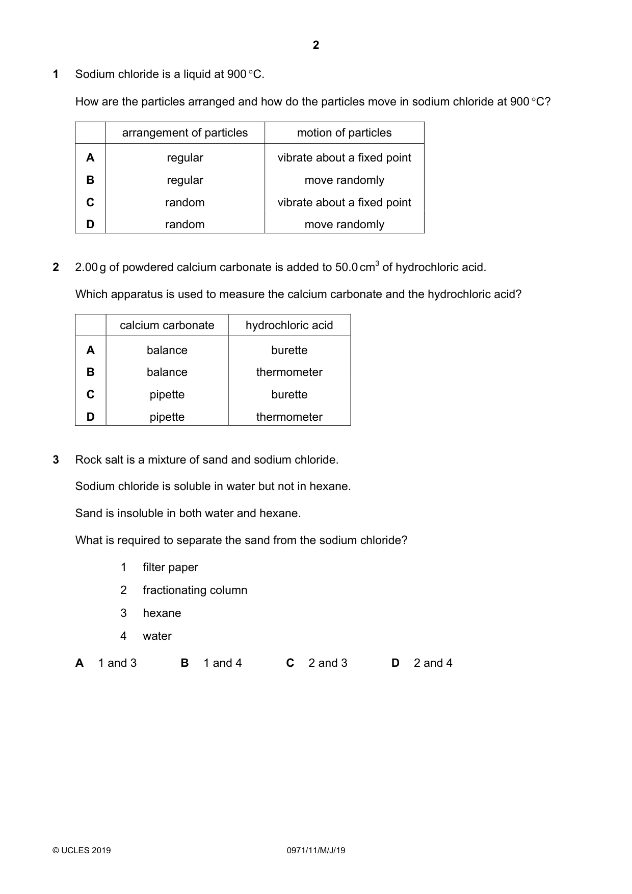 Cambridge IGCSE Chemistry (9-1) 0971 2019 May/June Paper 1 · Variant 1 question paper, page 2 of 16