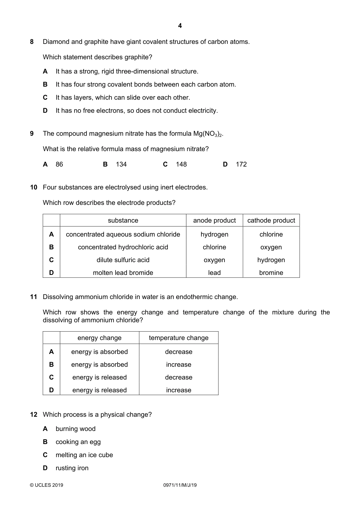 Cambridge IGCSE Chemistry (9-1) 0971 2019 May/June Paper 1 · Variant 1 question paper, page 4 of 16