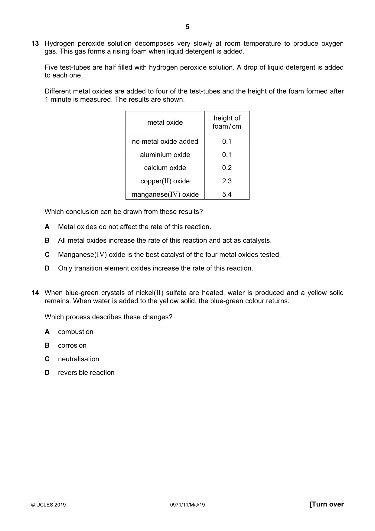 Cambridge IGCSE Chemistry (9-1) 0971 2019 May/June Paper 1 · Variant 1 question paper, page 5 of 16