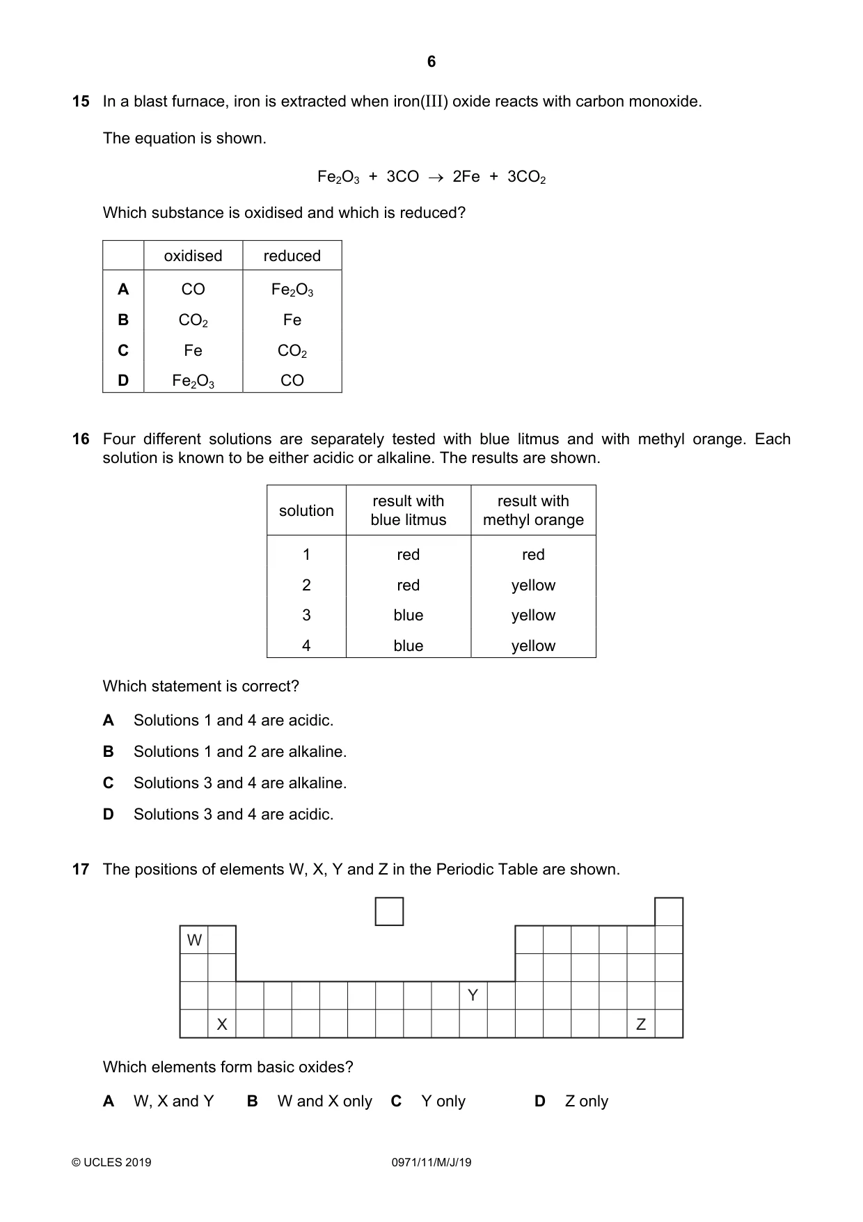 Cambridge IGCSE Chemistry (9-1) 0971 2019 May/June Paper 1 · Variant 1 question paper, page 6 of 16