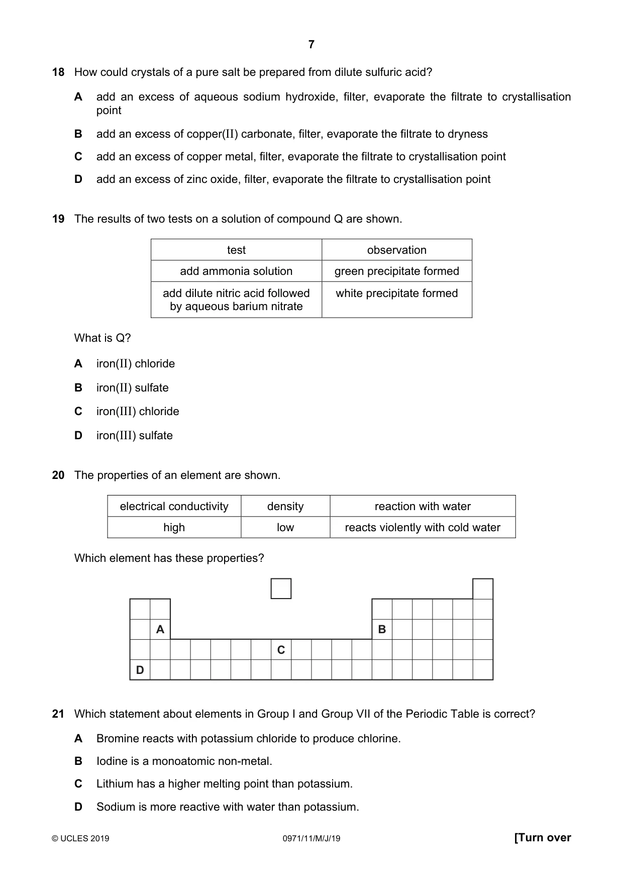 Cambridge IGCSE Chemistry (9-1) 0971 2019 May/June Paper 1 · Variant 1 question paper, page 7 of 16