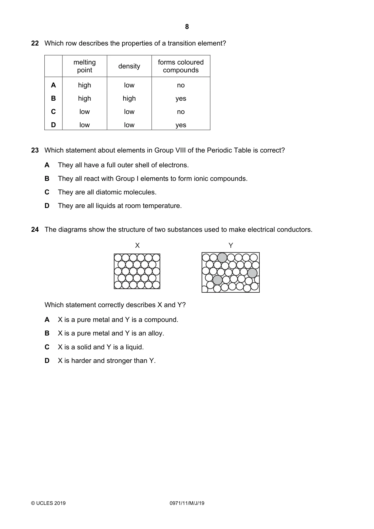 Cambridge IGCSE Chemistry (9-1) 0971 2019 May/June Paper 1 · Variant 1 question paper, page 8 of 16