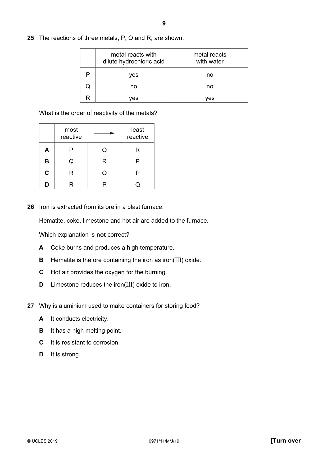 Cambridge IGCSE Chemistry (9-1) 0971 2019 May/June Paper 1 · Variant 1 question paper, page 9 of 16
