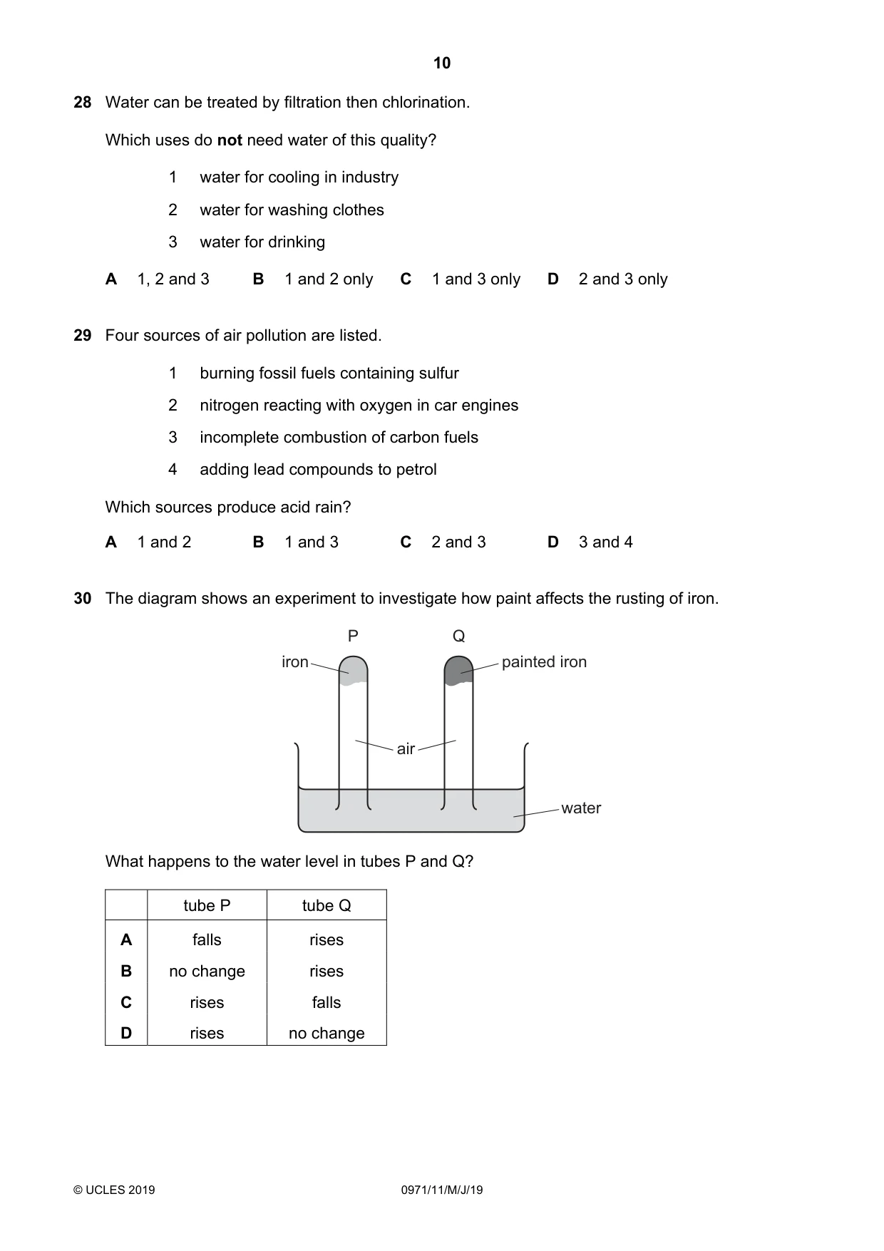 Cambridge IGCSE Chemistry (9-1) 0971 2019 May/June Paper 1 · Variant 1 question paper, page 10 of 16
