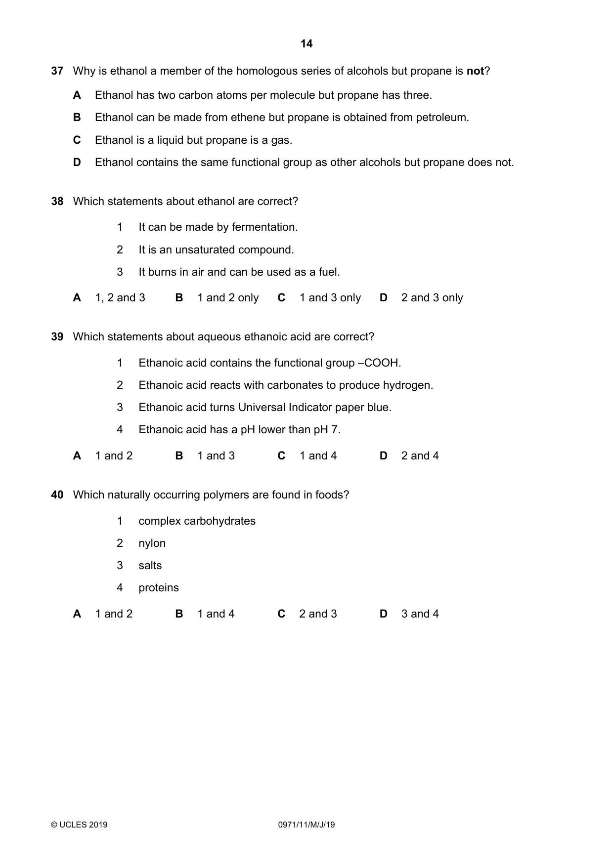Cambridge IGCSE Chemistry (9-1) 0971 2019 May/June Paper 1 · Variant 1 question paper, page 14 of 16