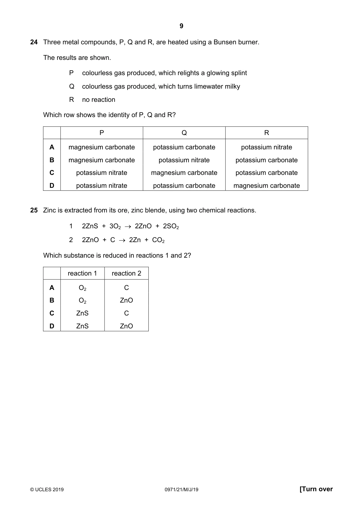 Cambridge IGCSE Chemistry (9-1) 0971 2019 May/June Paper 2 · Variant 1 question paper, page 9 of 16