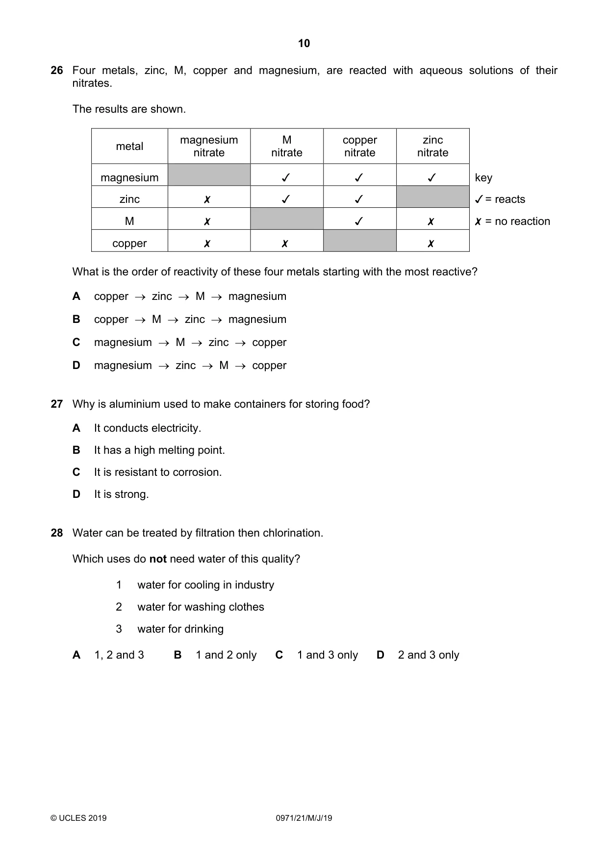 Cambridge IGCSE Chemistry (9-1) 0971 2019 May/June Paper 2 · Variant 1 question paper, page 10 of 16