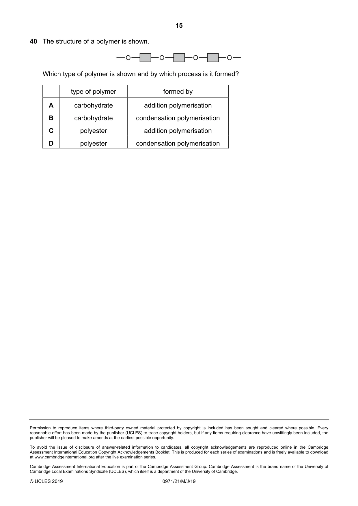 Cambridge IGCSE Chemistry (9-1) 0971 2019 May/June Paper 2 · Variant 1 question paper, page 15 of 16
