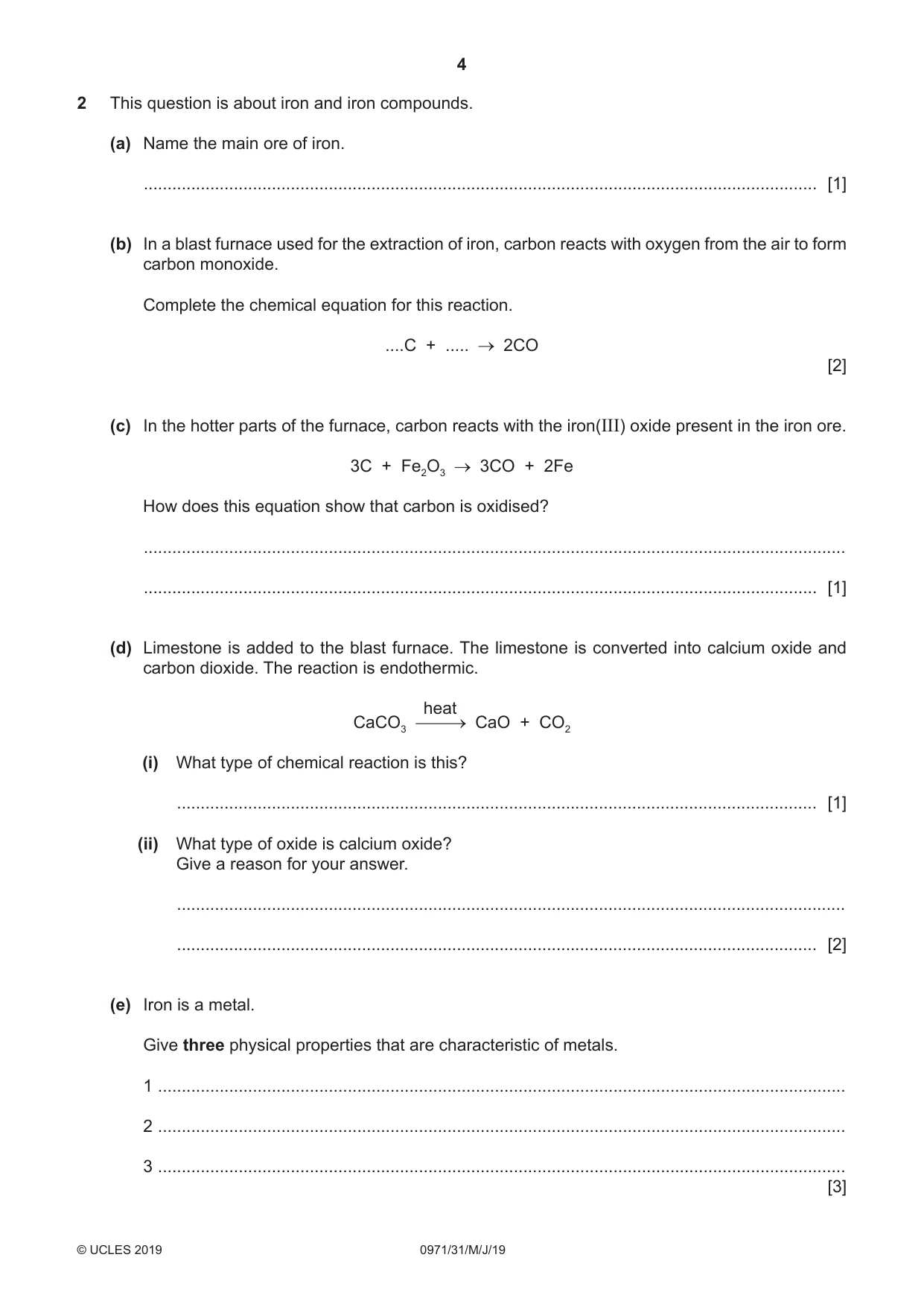 Cambridge IGCSE Chemistry (9-1) 0971 2019 May/June Paper 3 · Variant 1 question paper, page 4 of 20