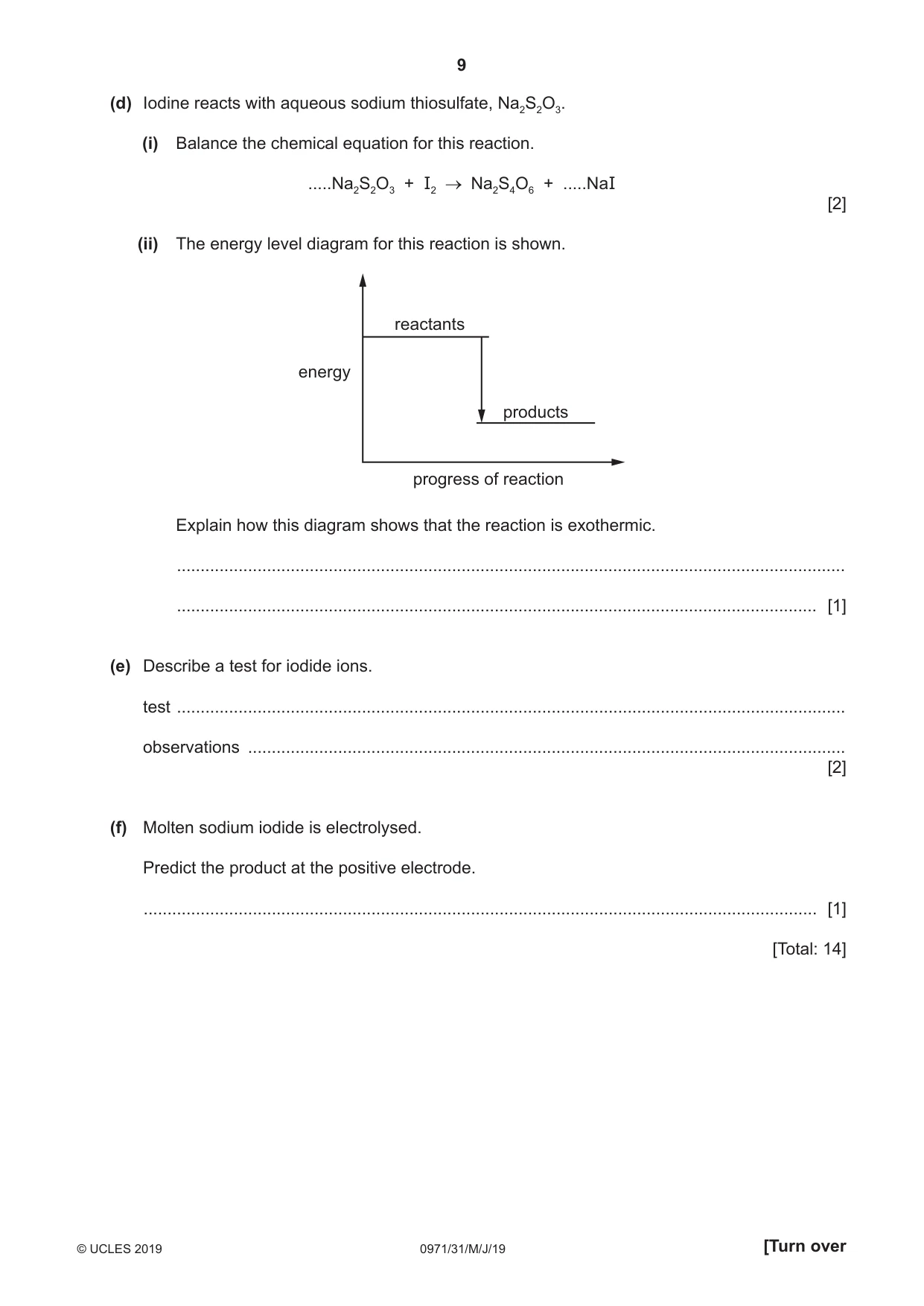 Cambridge IGCSE Chemistry (9-1) 0971 2019 May/June Paper 3 · Variant 1 question paper, page 9 of 20