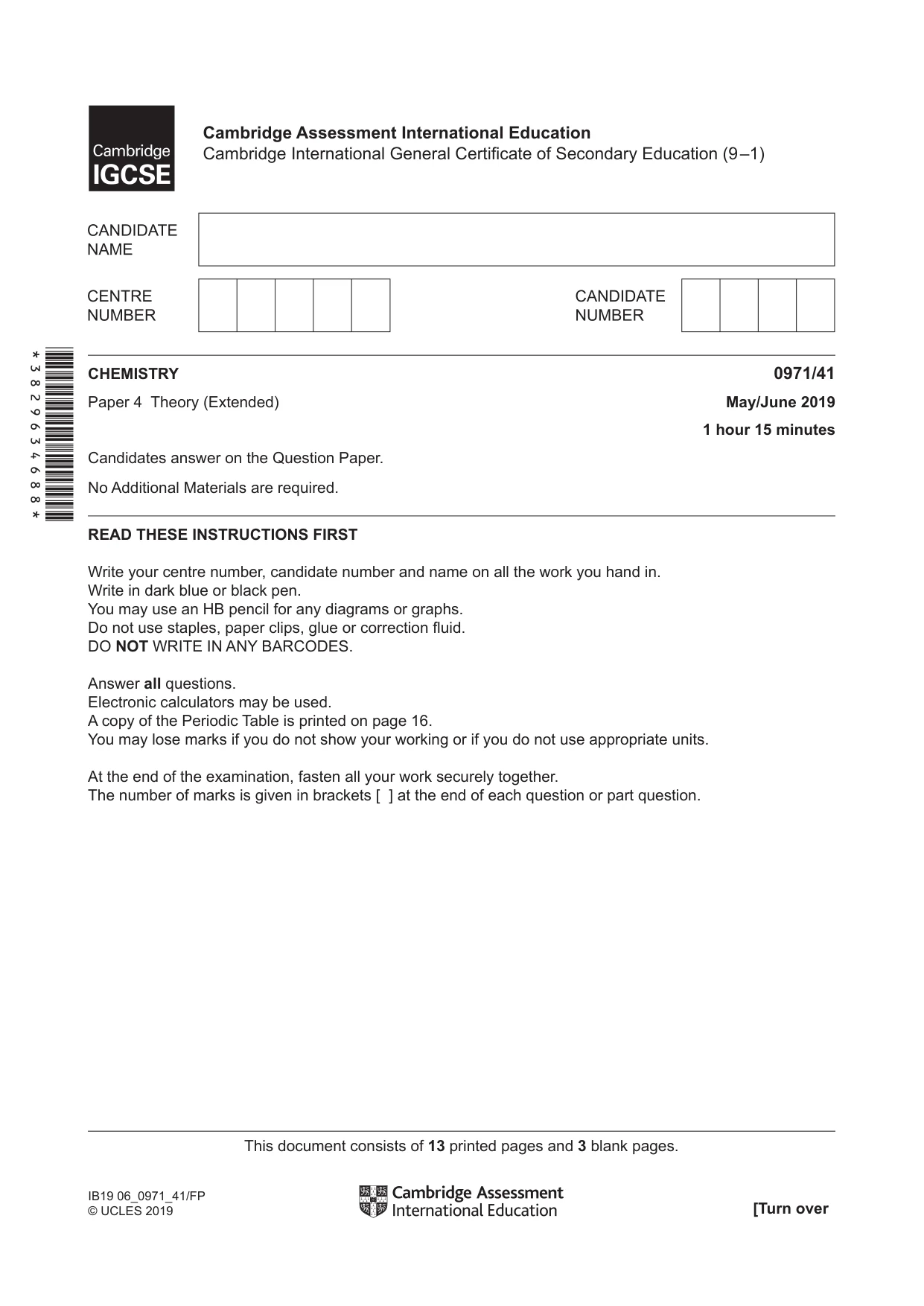 Cambridge IGCSE Chemistry (9-1) 0971 2019 May/June Paper 4 · Variant 1 question paper, page 1 of 16