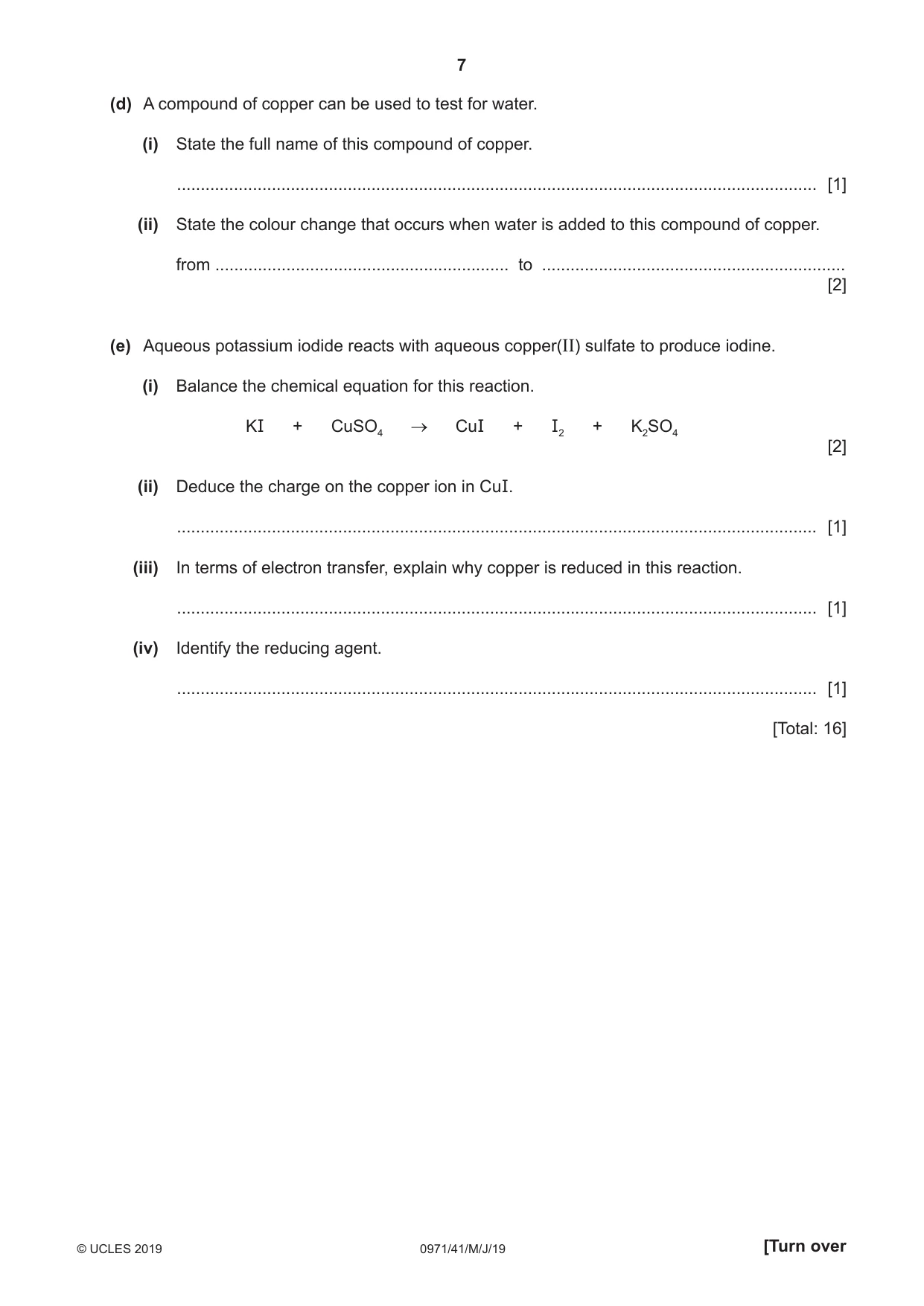 Cambridge IGCSE Chemistry (9-1) 0971 2019 May/June Paper 4 · Variant 1 question paper, page 7 of 16
